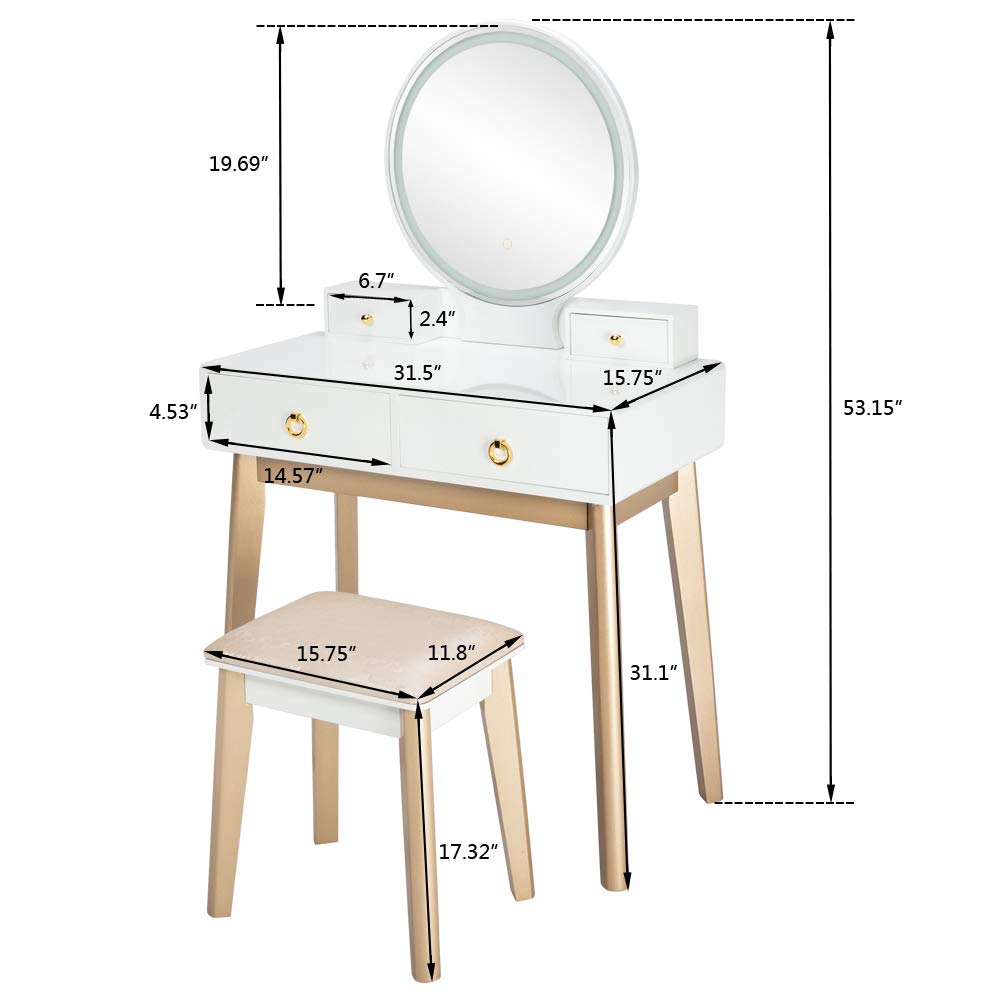 HomVent Vanity Set with Mirror - 3 Color Lighting Modes, Makeup Dressing Table with 4 Drawers & Cushioned Stool for Women | Bedroom Furniture, Beauty Station for Makeup & Skincare Routine (White)