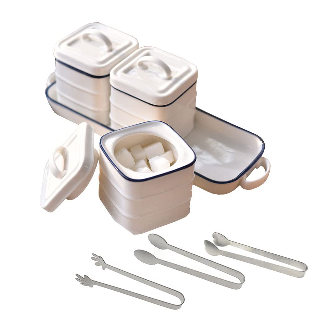 Premium Ceramic Canister Set of 3 - Airtight Kitchen Storage Containers for Coffee, Tea, Sugar & Dry Goods with Stainless Steel Lids & Serving Tray - Elegant Countertop Organization for Pantry, Dining Table & Coffee Station