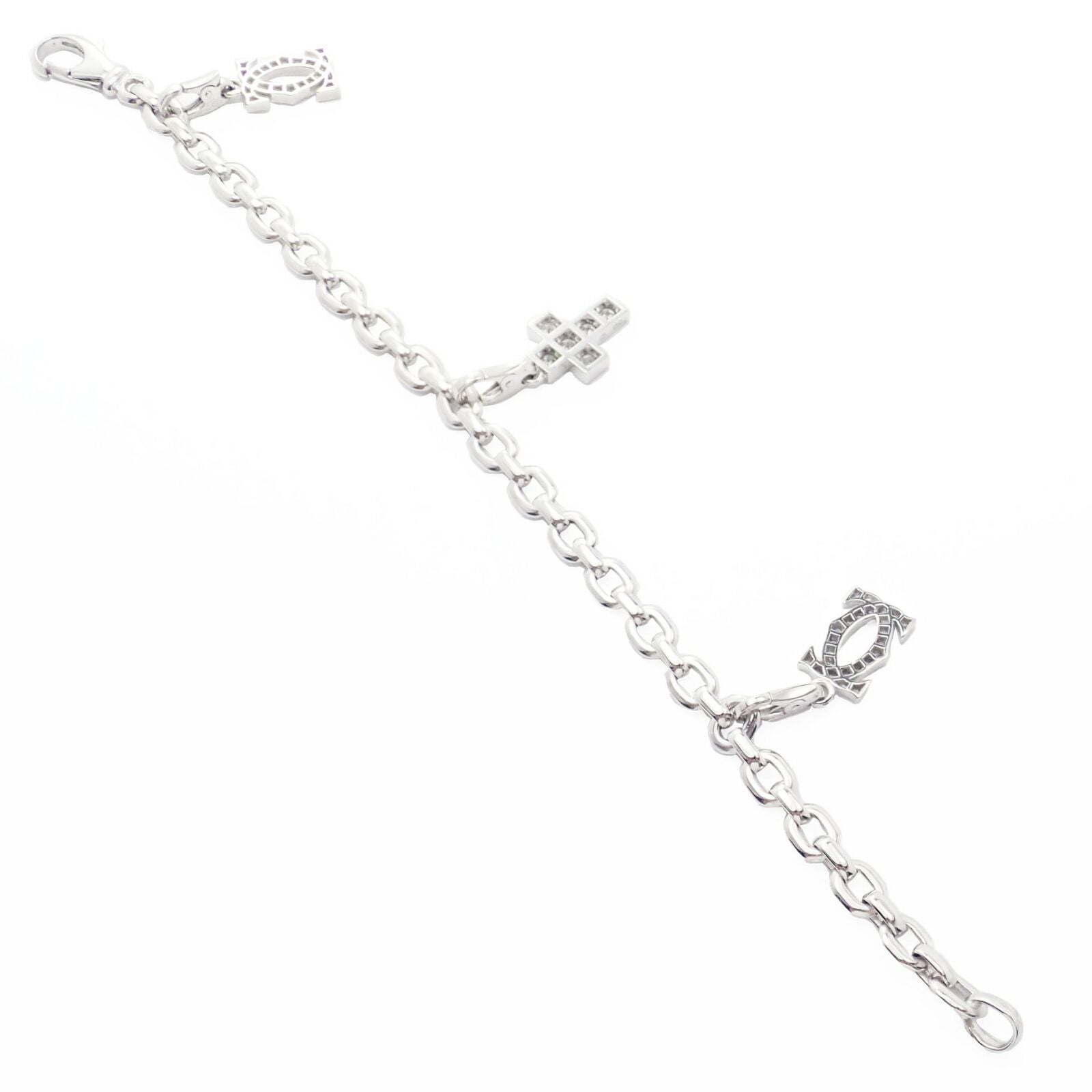 Authentic Cartier 18k White Gold 3 Charm Bracelet with Diamond Cross Double C's - Luxury Jewelry Gift for Women, Anniversary & Special Occasions