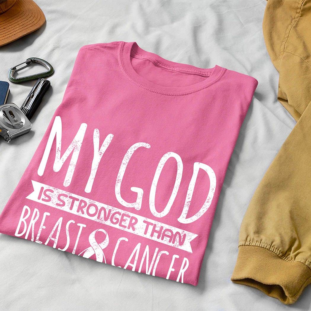 Veracco 'My God is Stronger Than Breast Cancer' Pink Ribbon Awareness T-Shirt for Men - Inspirational Gift for Survivors, Supporters & Fundraisers