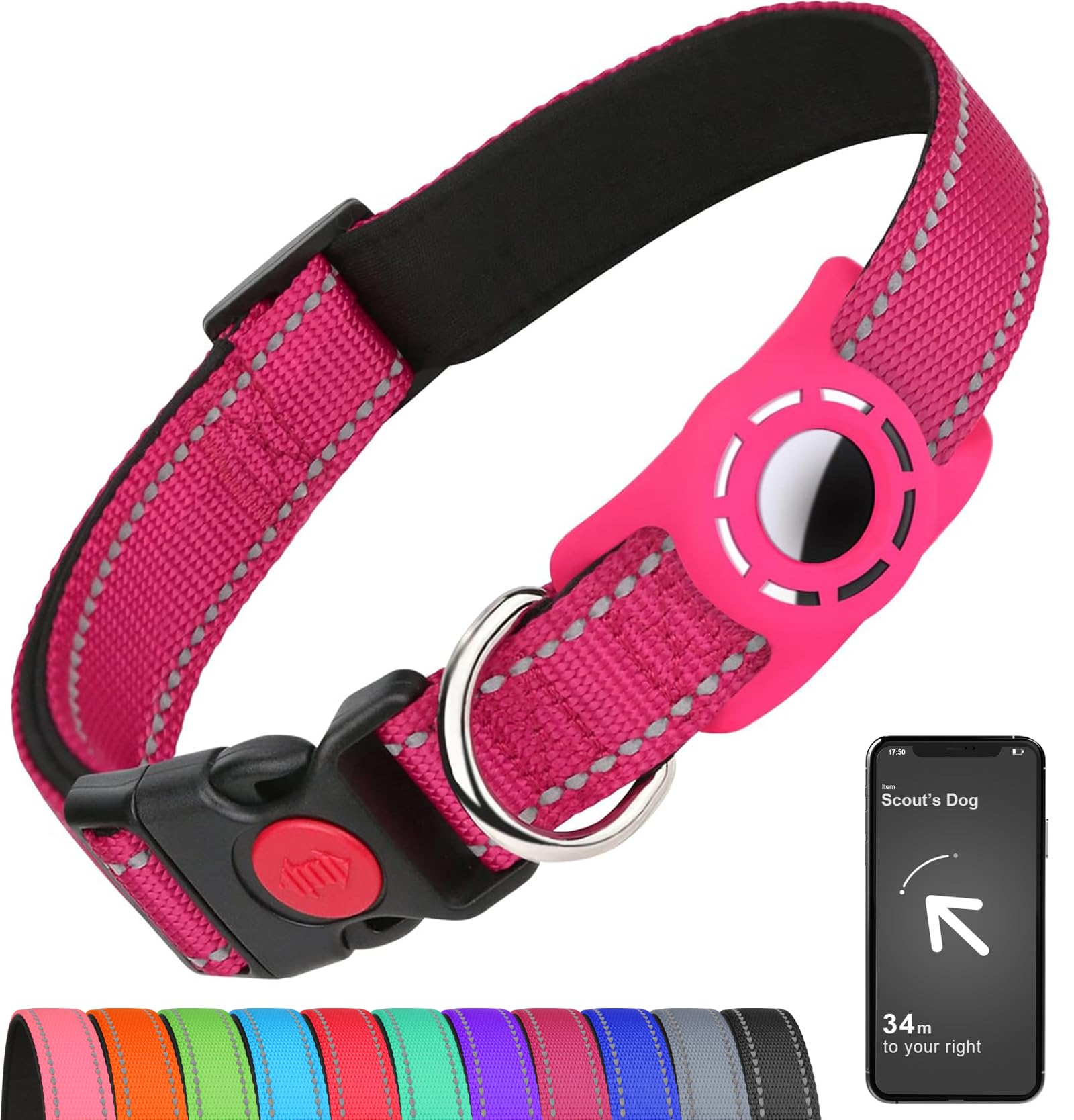 AirTag Dog Collar with Holder - Reflective Nylon Pet Collar with Soft Padding & Safety Buckle for Medium Dogs - Adjustable for All Breeds (Hot Pink) - Perfect for Night Walks, Pet Safety & GPS Tracking