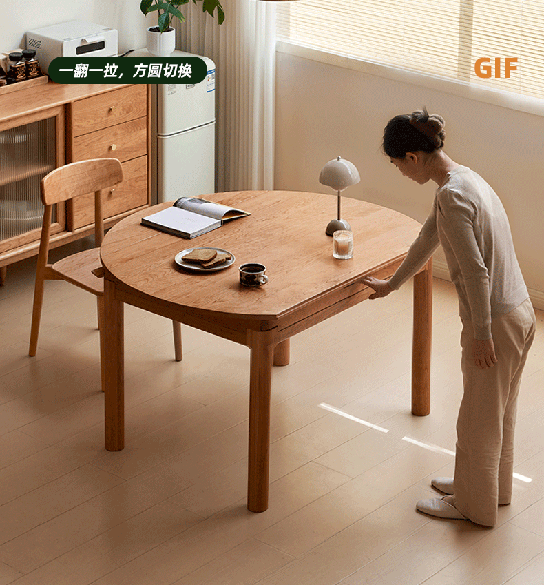 Cherry Solid Wood Expandable Round Dining Table - Foldable & Space-Saving Design for Small Spaces, Kitchen, Dining Room, and Outdoor Patio Use