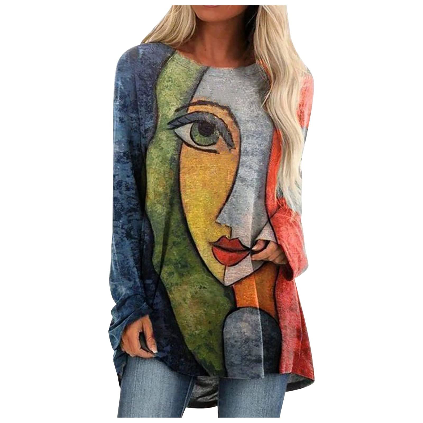 Eaktool Women's Business Casual Tops - Loose Fit Abstract Print Round Neck Long Sleeve Blouse for Office Work & Professional Wear | Perfect for Business Meetings, Office Outfits and Smart Casual Occasions