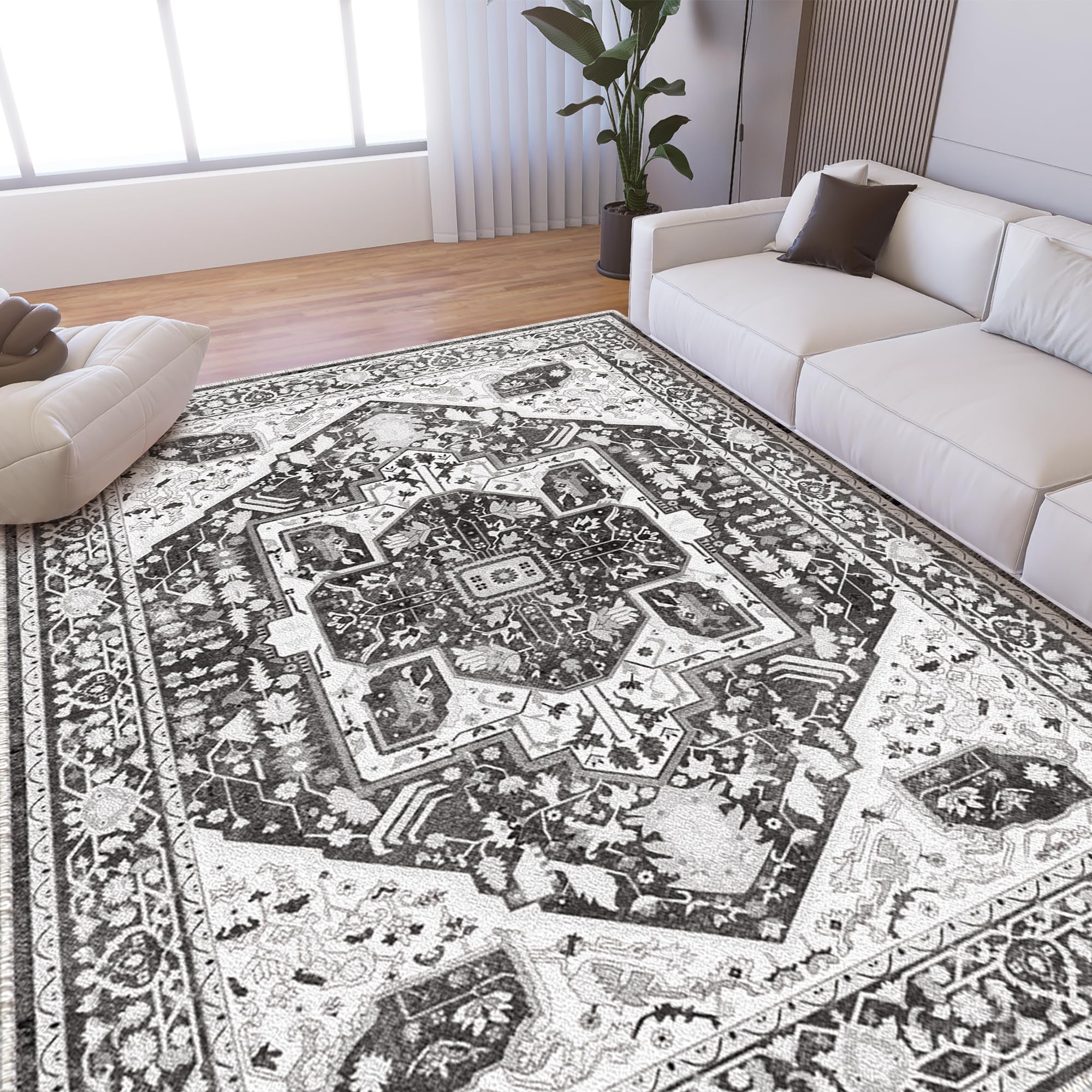 EnHomee Washable 5x7 Boho Area Rugs for Living Room & Bedroom - Non-Slip Soft Vintage Low Pile Carpet - Machine Washable Foldable Pet Friendly Grey Rug - Perfect for Home Decor, Dorm, Apartment & Office Spaces