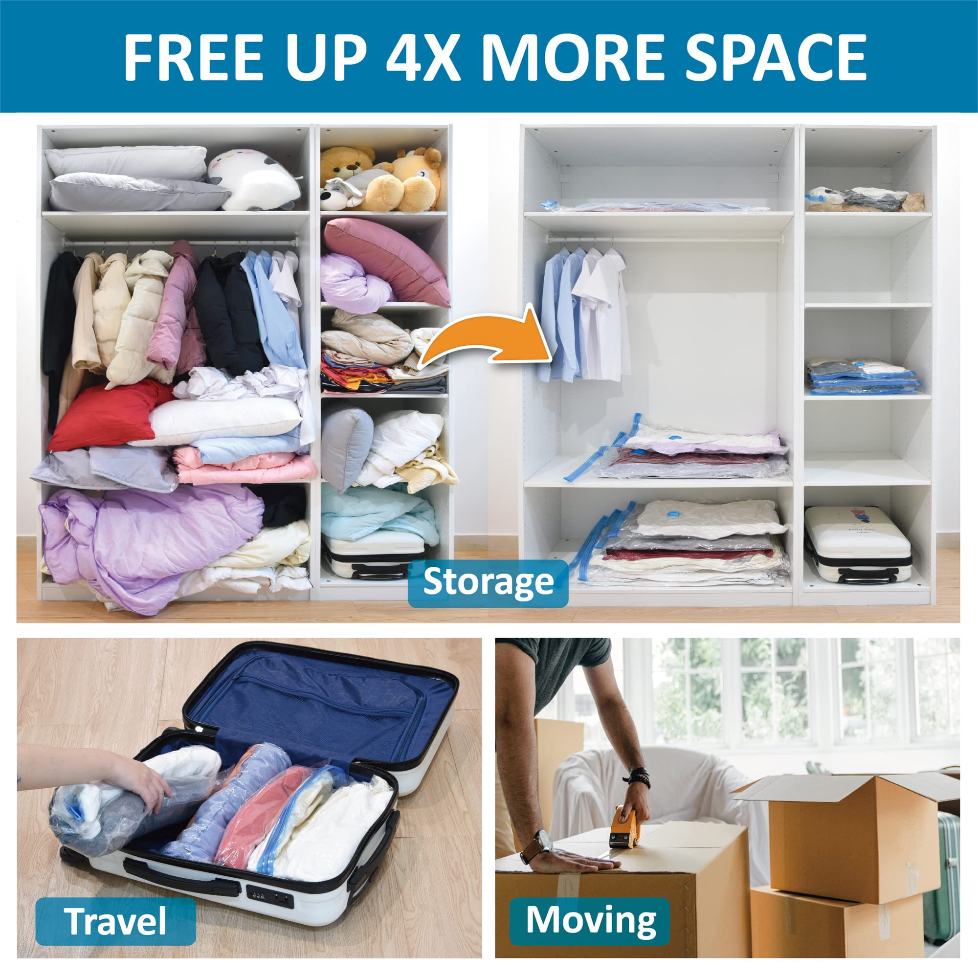 20 Pack Vacuum Storage Bags - Space Saver Bags (4 Jumbo/4 Large/4 Medium/4 Small/4 Roll) for Comforters, Blankets & Clothes Storage | Includes Hand Pump | Perfect for Travel, Seasonal Storage & Home Organization