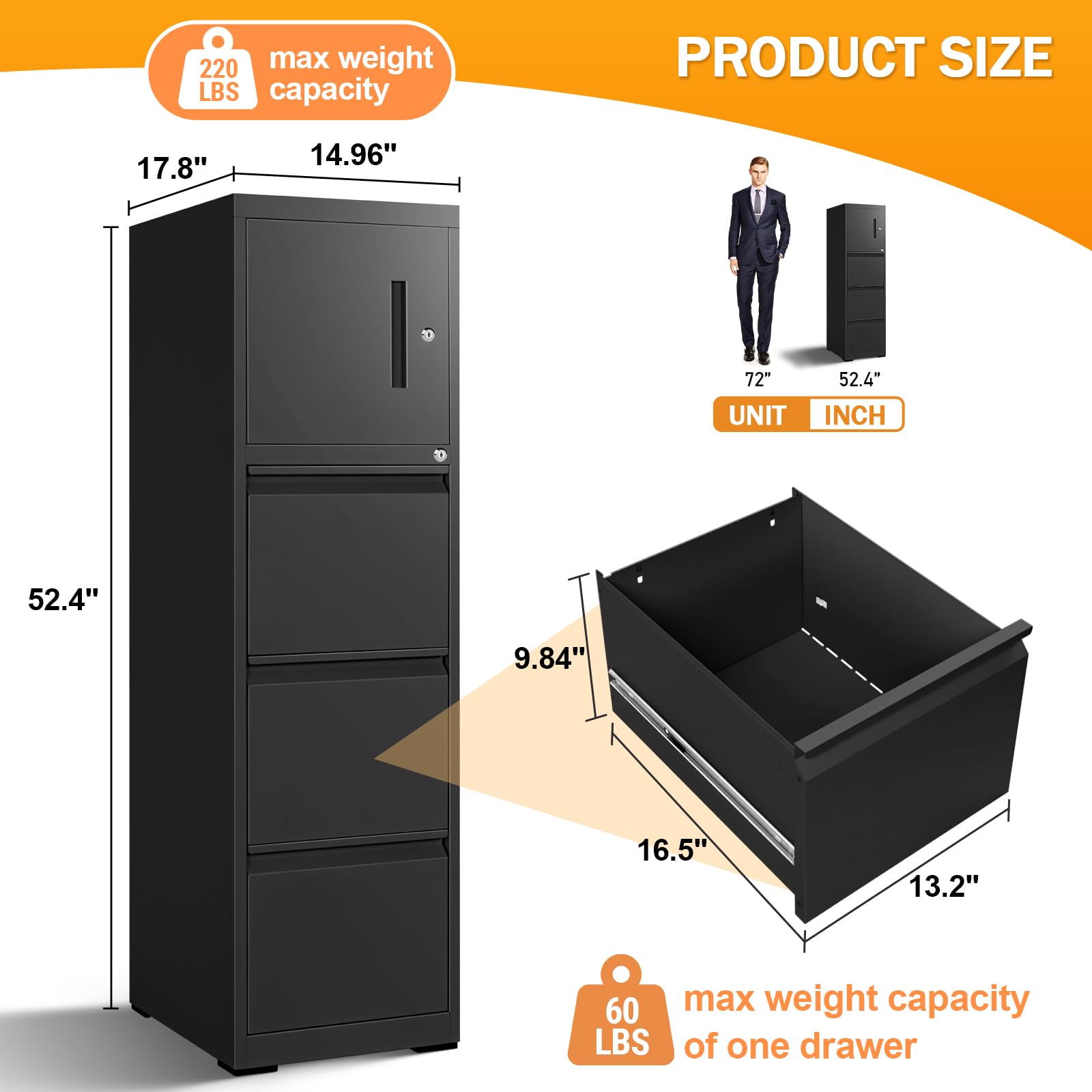 3-Drawer Metal File Cabinet with Locking Door - Secure Vertical Storage for Letter, Legal & A4 Folders - Anti-Tip Design for Home Office Organization - Easy Assembly Black Filing Cabinet for Documents & Records