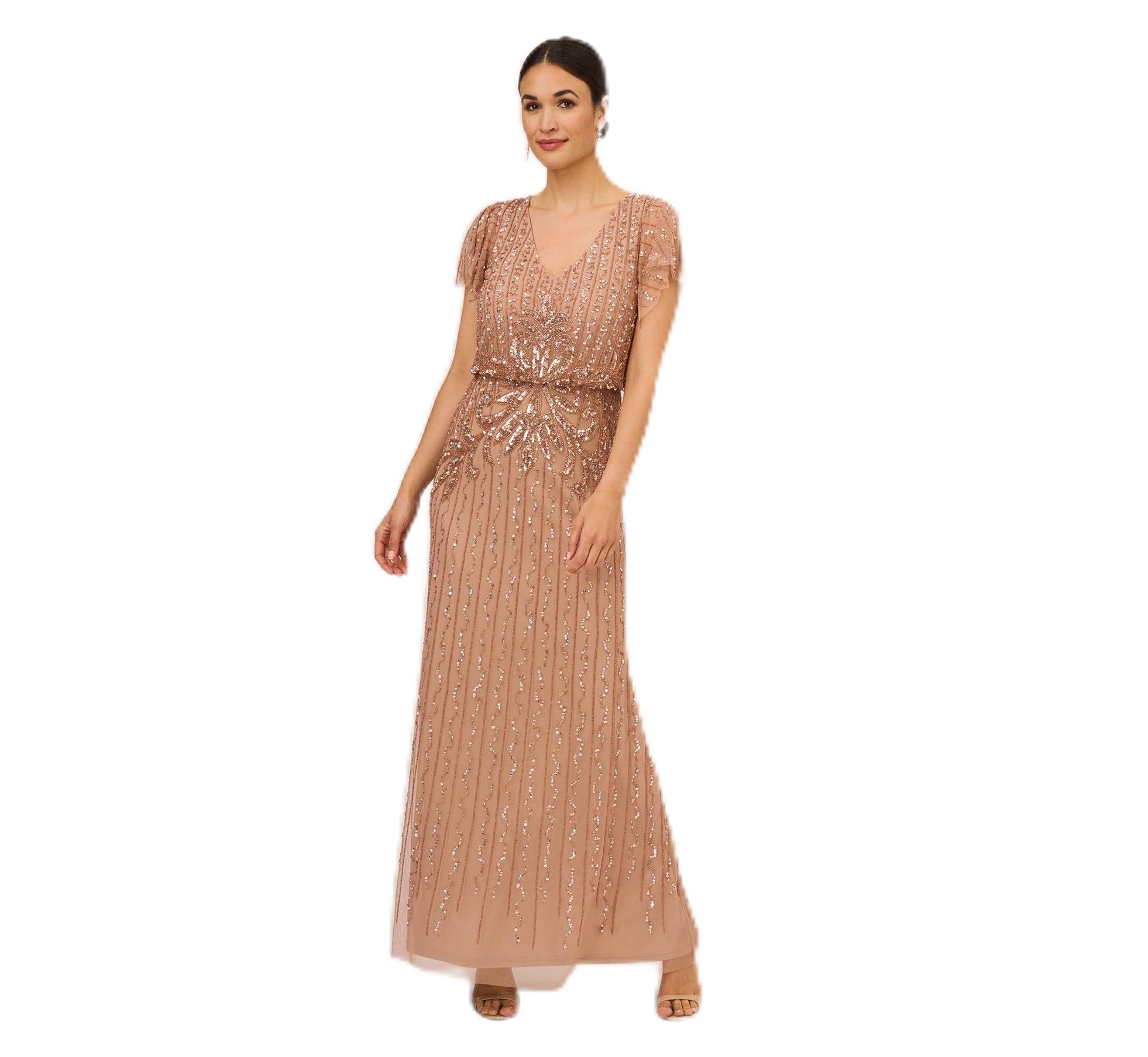 Adrianna Papell Women's Beaded Blouson Long Dress in Rose Gold - Elegant Evening Gown for Weddings, Galas & Special Occasions