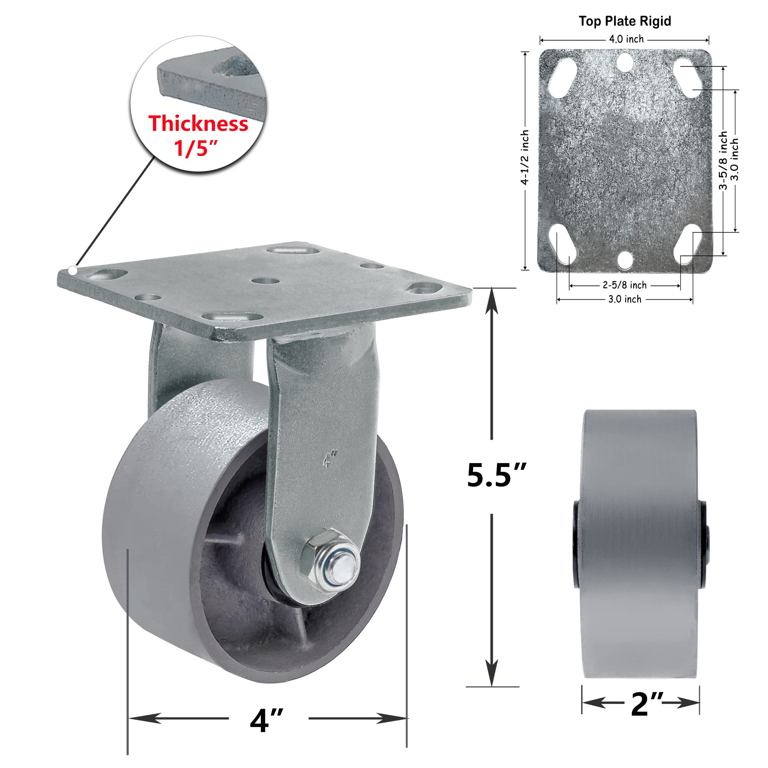 Heavy Duty Steel Cast Iron Caster Wheels - Set of 4 for Tool Boxes & Workbenches, 3000 LB Capacity (4 Inch, 2 Brake & 2 Rigid) - Perfect for Industrial Workstations, Garage Storage, and Heavy Equipment Mobility