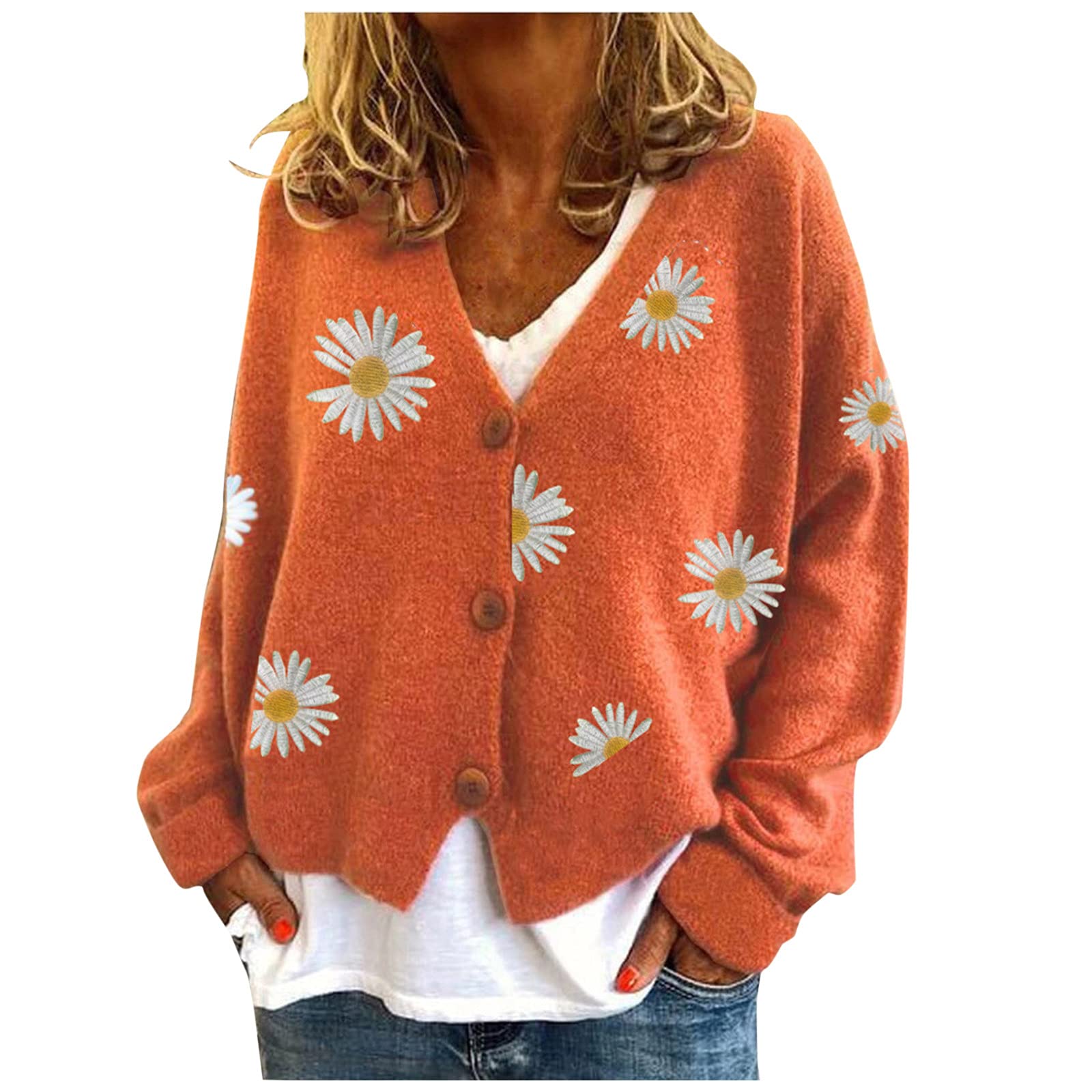 Preppy Daisy Print V-Neck Cropped Sweatshirt for Women - Warm Long Sleeve Pullover Top & Cardigan Alternative | Perfect for Casual Outfits, Layering & Fall Fashion