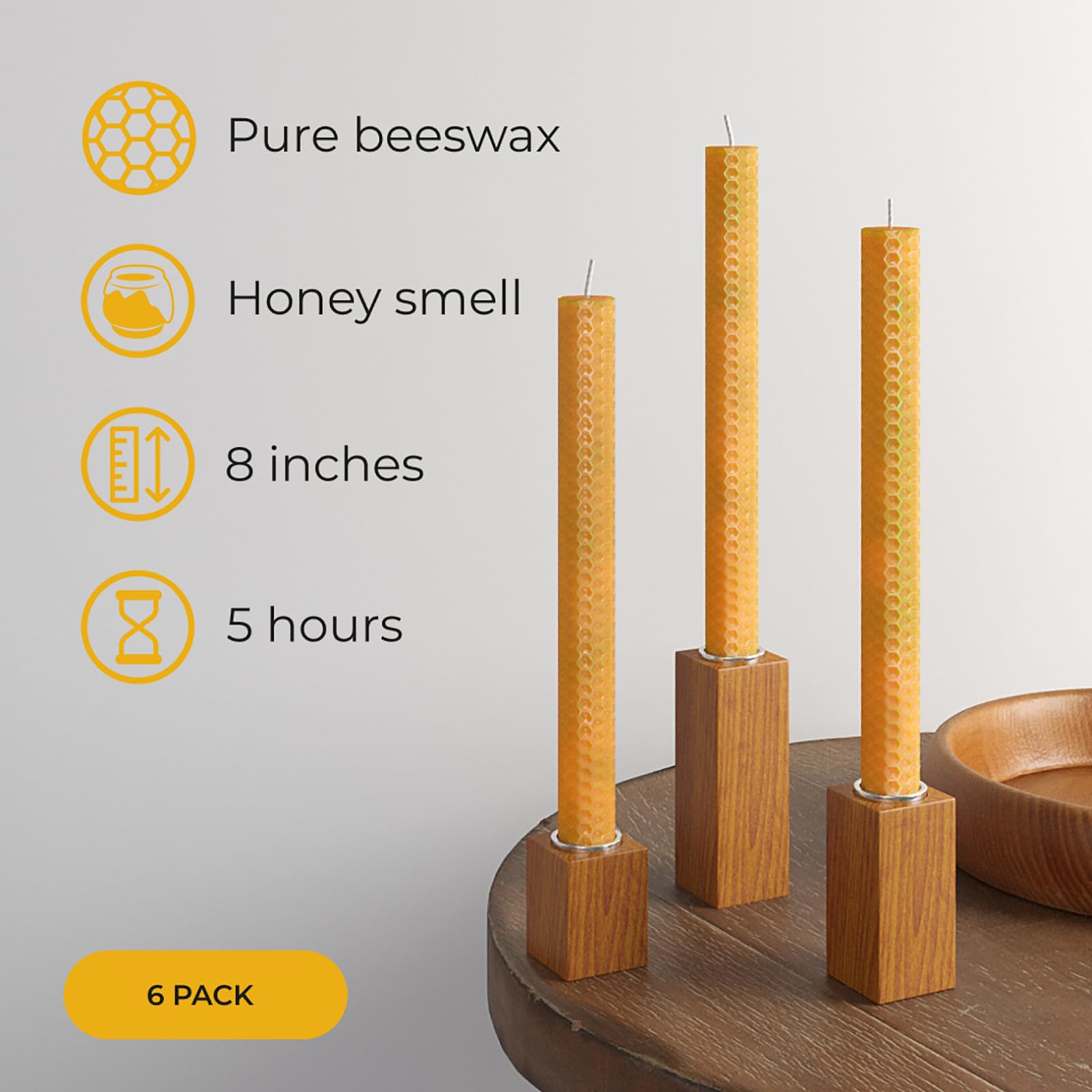 Handmade Beeswax Candles Set of 6 - 8 Inch Natural Taper Candles for Home Decor, Dinner Table & Romantic Ambiance | Long-Lasting 5-Hour Burn Time | Eco-Friendly Hand-Rolled Beeswax Candles with Honeycomb Scent