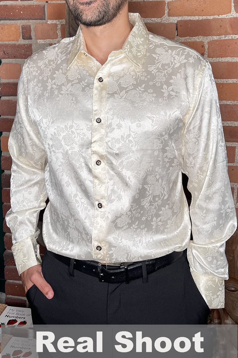 COOFANDY Men's Silk Satin Dress Shirt - Jacquard Long Sleeve Floral Button Up Shirt for Wedding, Prom & Party | Formal Occasions & Business Events