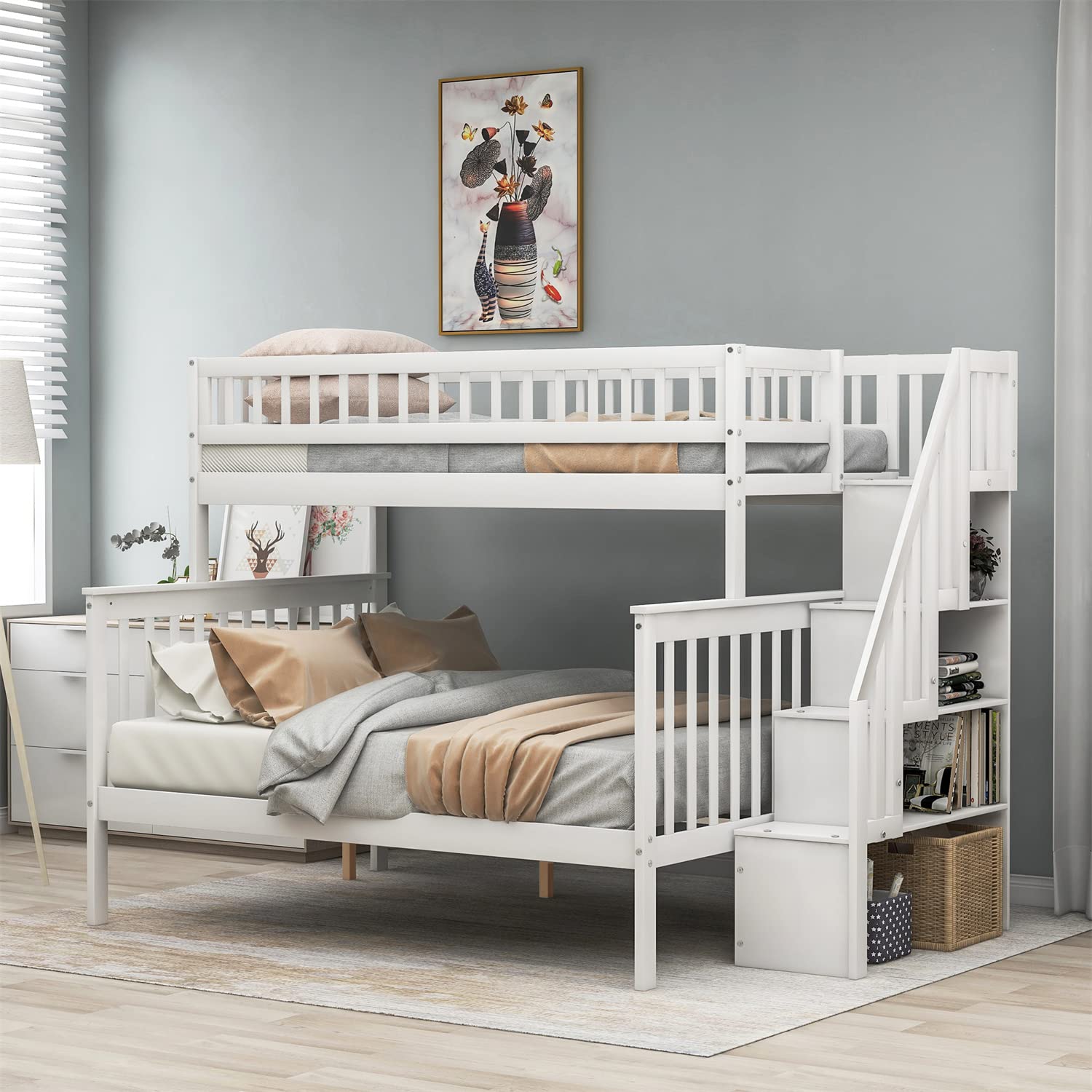 Twin Over Full Bunk Bed with Storage Stairway - Space Saving Wood Loft Bed Frame with Safety Handrail & Full Guardrails - No Box Spring Needed - White - Perfect for Kids' Bedrooms, Guest Rooms & Small Spaces