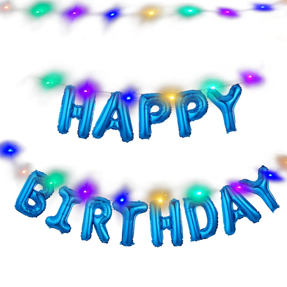Happy Blue LED Birthday Decorations Set - Blue Birthday Balloons Banner & LED Sign Lights with 3D Mylar Foil Letters for Blue Theme Party Decor | Perfect for Birthday Celebrations, Baby Showers & Anniversary Parties