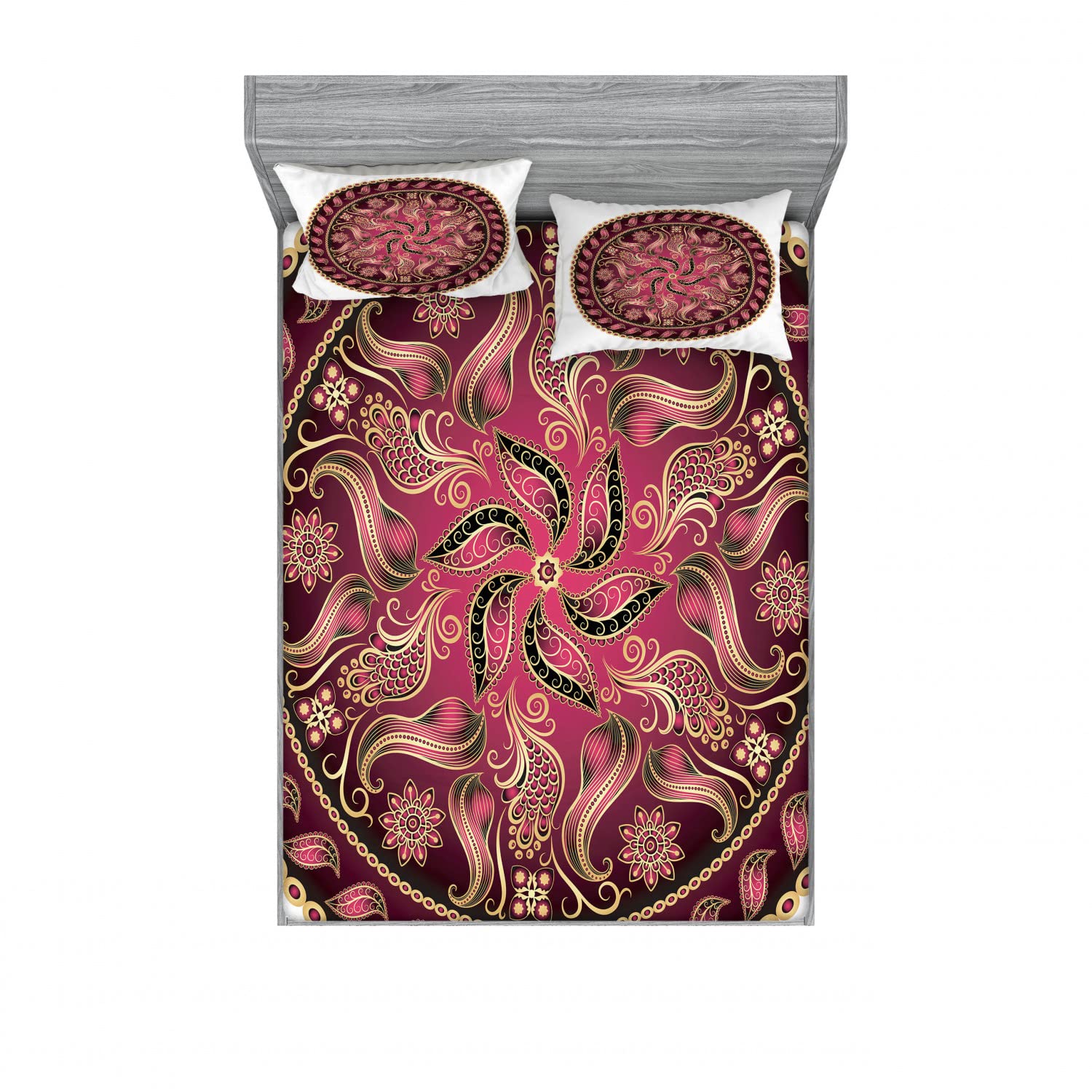 Ambesonne Ethnic 2-Piece Queen Size Fitted Sheet Set with 4 Pillow Shams - Red Mandala Pattern Bohemian Bedding Decor in Vibrant Magenta & Yellow | Perfect for Guest Rooms, Dorm Decor, and Boho Chic Bedroom Makeovers