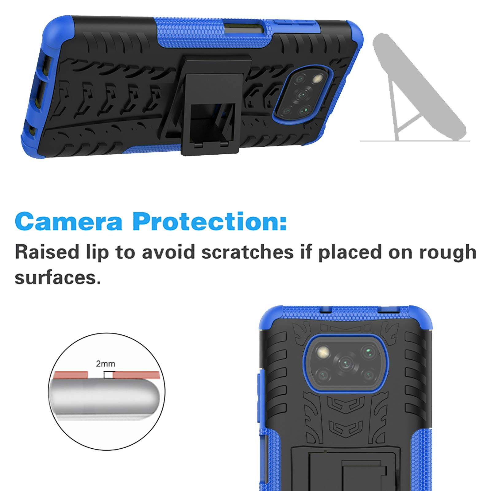 **Shockproof Rugged Phone Case for Xiaomi Poco X3/Poco X3 NFC with Tempered Glass Screen Protector & Kickstand – Durable Hybrid Protective Cover for Men (Black/Blue) – Perfect for Outdoor, Work & Travel**