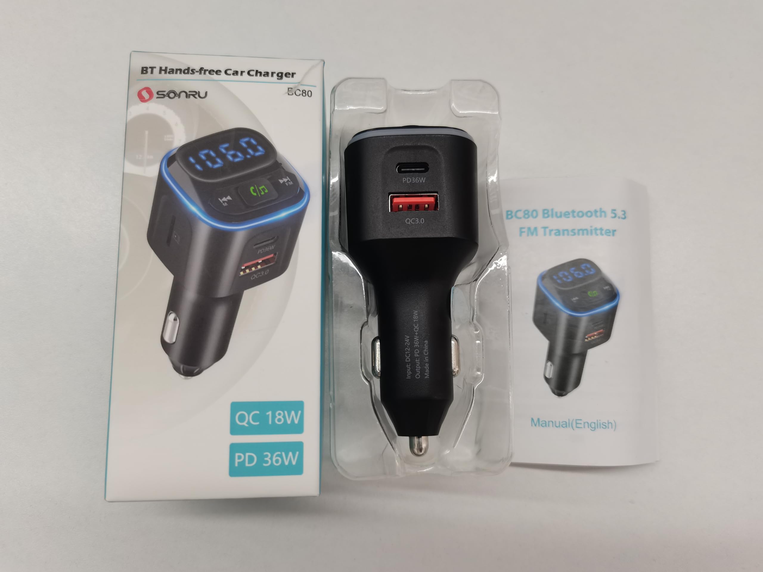 SONRU Bluetooth FM Transmitter V5.3 - Car Adapter with QC18W Fast Charger & Hi-Fi Sound for Hands-Free Driving