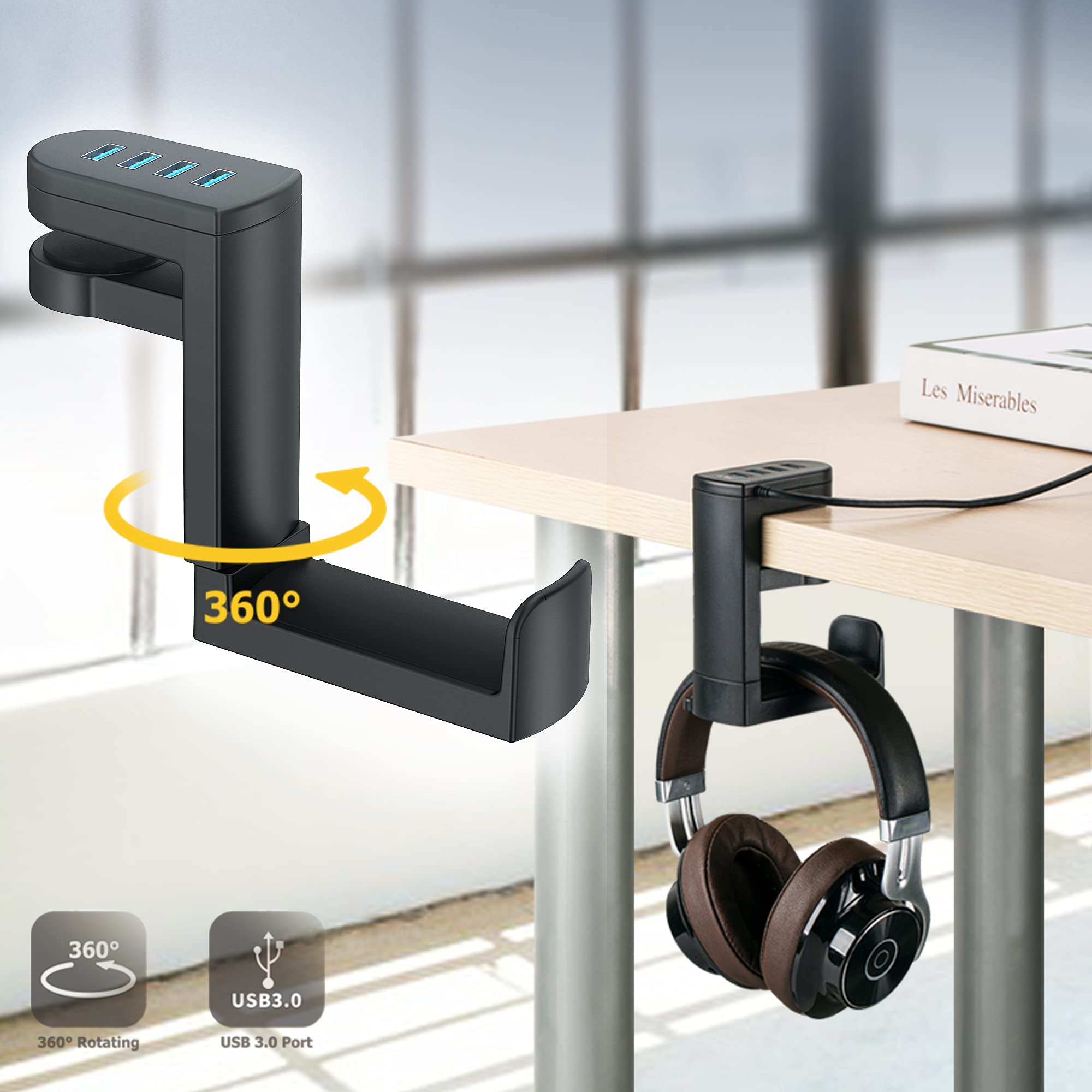 Kiorafoto 2-in-1 Under Desk Headphone Hook & 4-Port USB 3.0 Hub - 360° Rotating Gaming Headset Stand with High-Speed Data Transfer for PC, Laptop, and Multiple Devices | Perfect for Home Office, Gaming Setup, and Workspace Organization