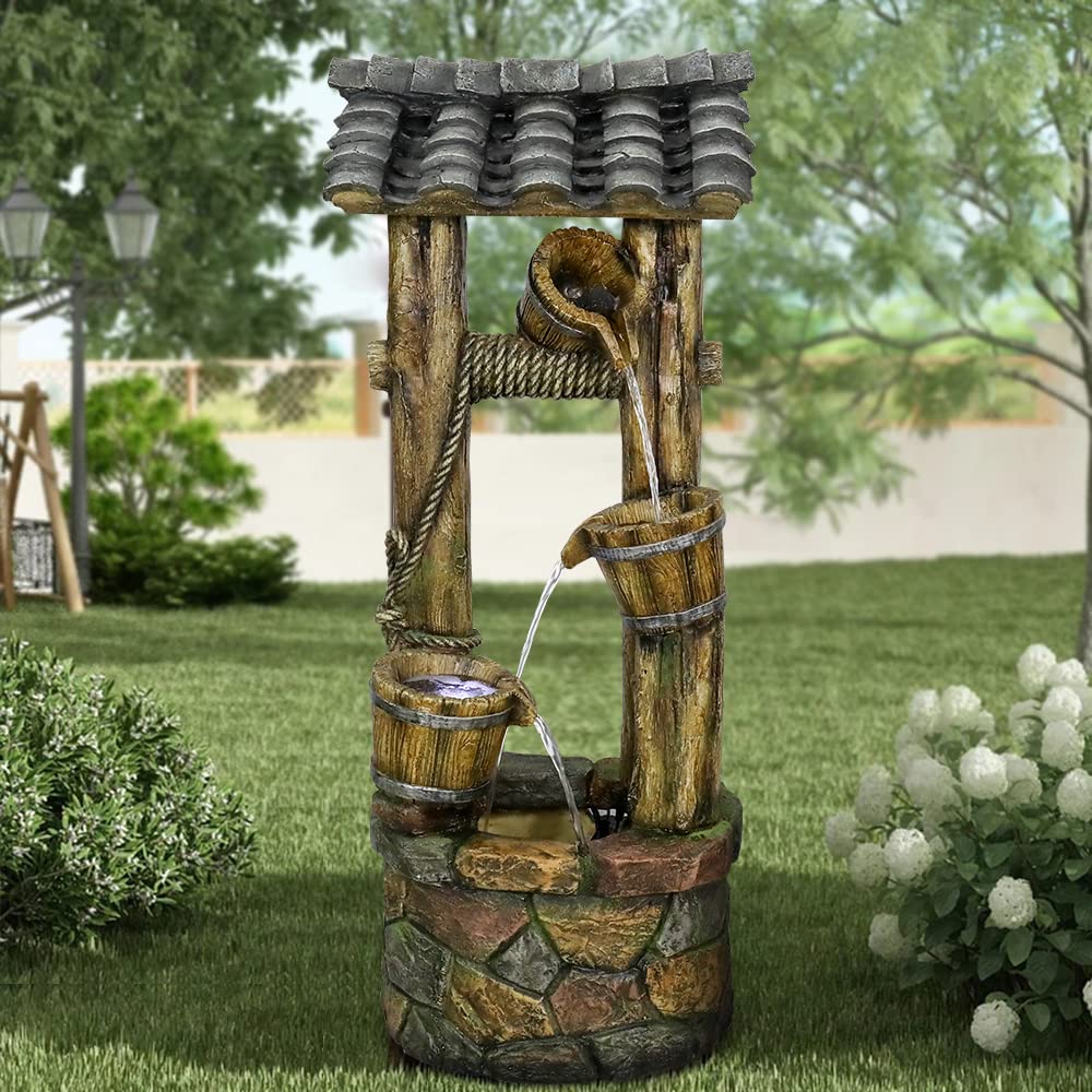 39.3 Inch Rustic Outdoor Water Fountain with Buckets, Pump & LED Lights - Wishing Well Cascading Fountain for Backyard, Patio, Garden Decor (Brown, GPF220020) | Perfect for Relaxing Outdoor Spaces and Landscape Design