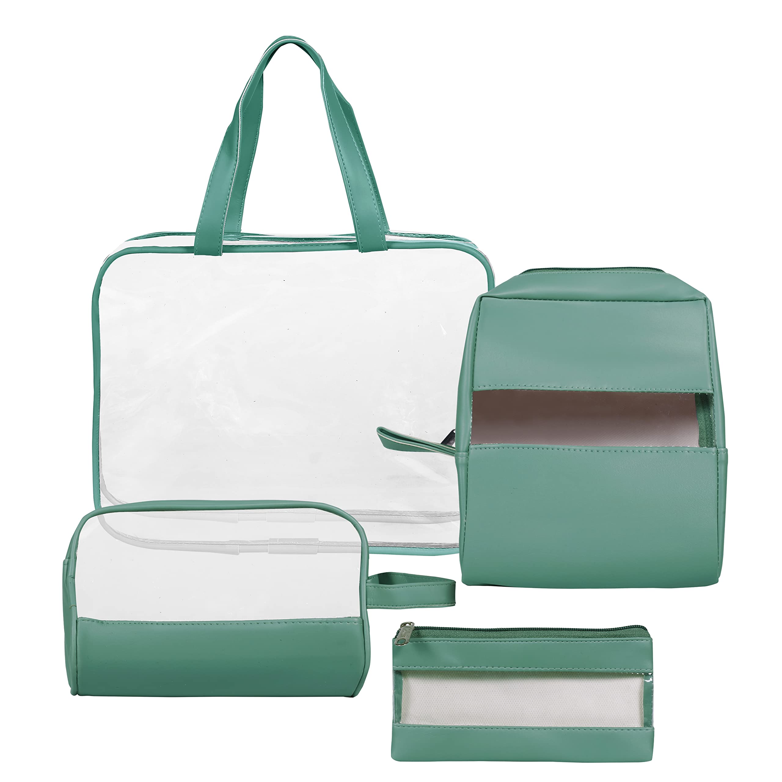 Vegan Leather Cosmetic Organizer Set - 4 Pcs Travel Makeup Pouch for Women (Green) - Perfect for Travel & Daily Use