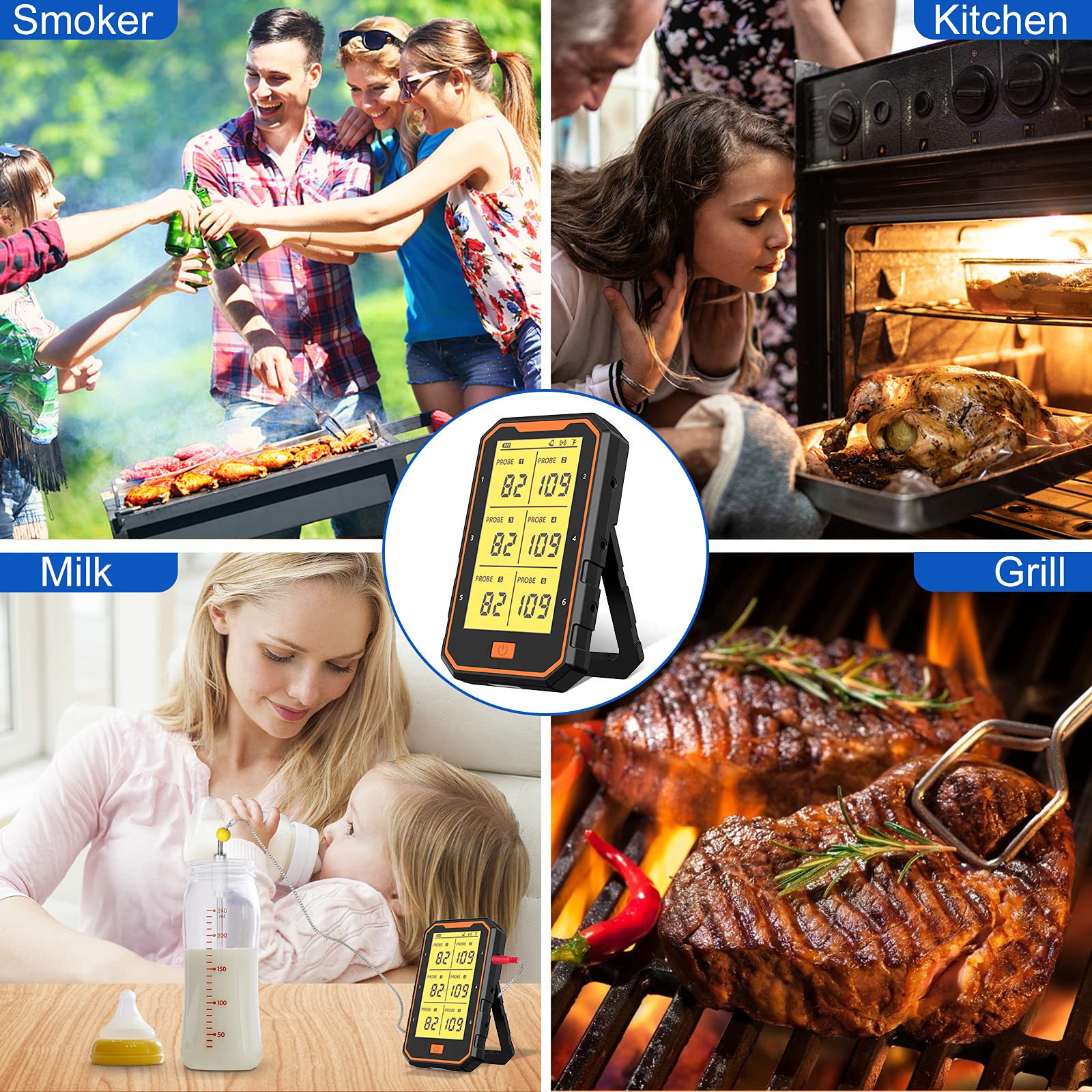 Wireless Bluetooth Meat Thermometer with 6 Probes - Digital BBQ Grill & Smoker Thermometer for Cooking, Turkey, Oven - APP Monitoring, Timer & Alarm - Perfect for Outdoor Grilling, Smoking, and Kitchen Use