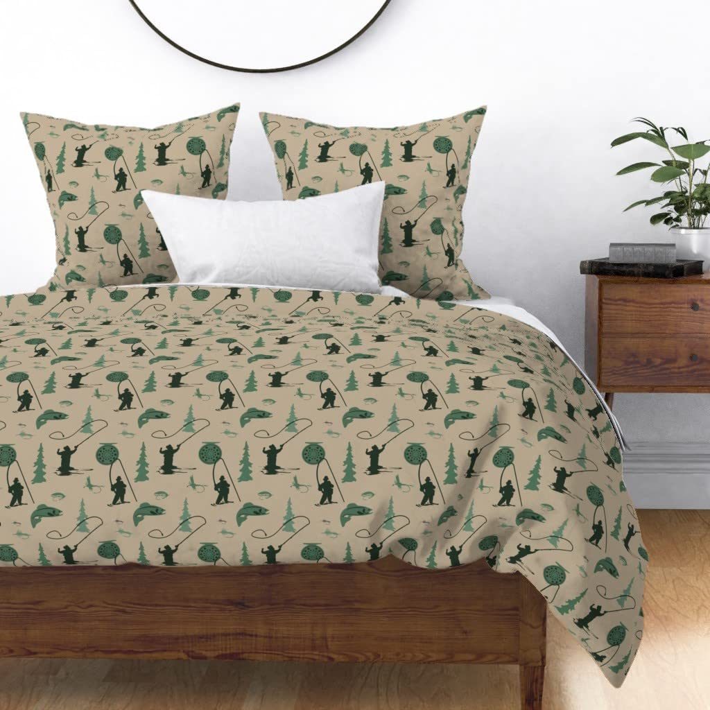 Premium Fly Fishing Print Cotton Sateen Duvet Cover King/California King - Western Trout River Pine Trees Design Custom Bedding for Cozy Cabin & Lodge Decor