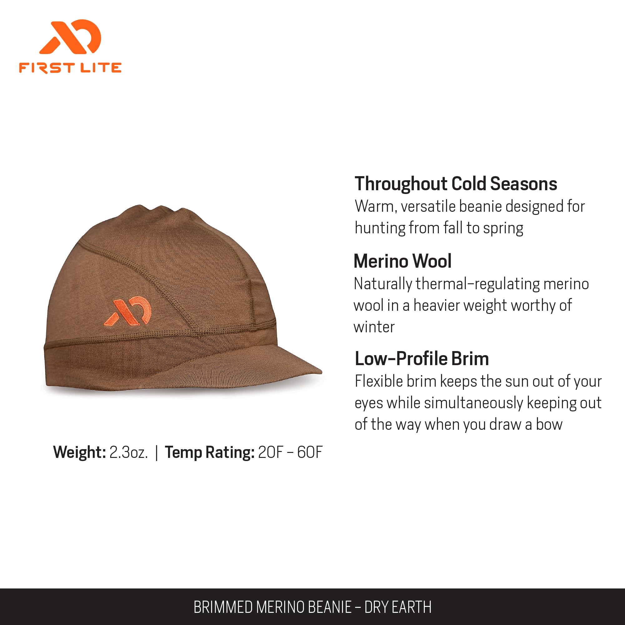 First Lite Brimmed Merino Wool Beanie - Warm Camouflage Hunting Hat for Men & Women | Cold Weather Outdoor Activities, Hiking & Winter Sports