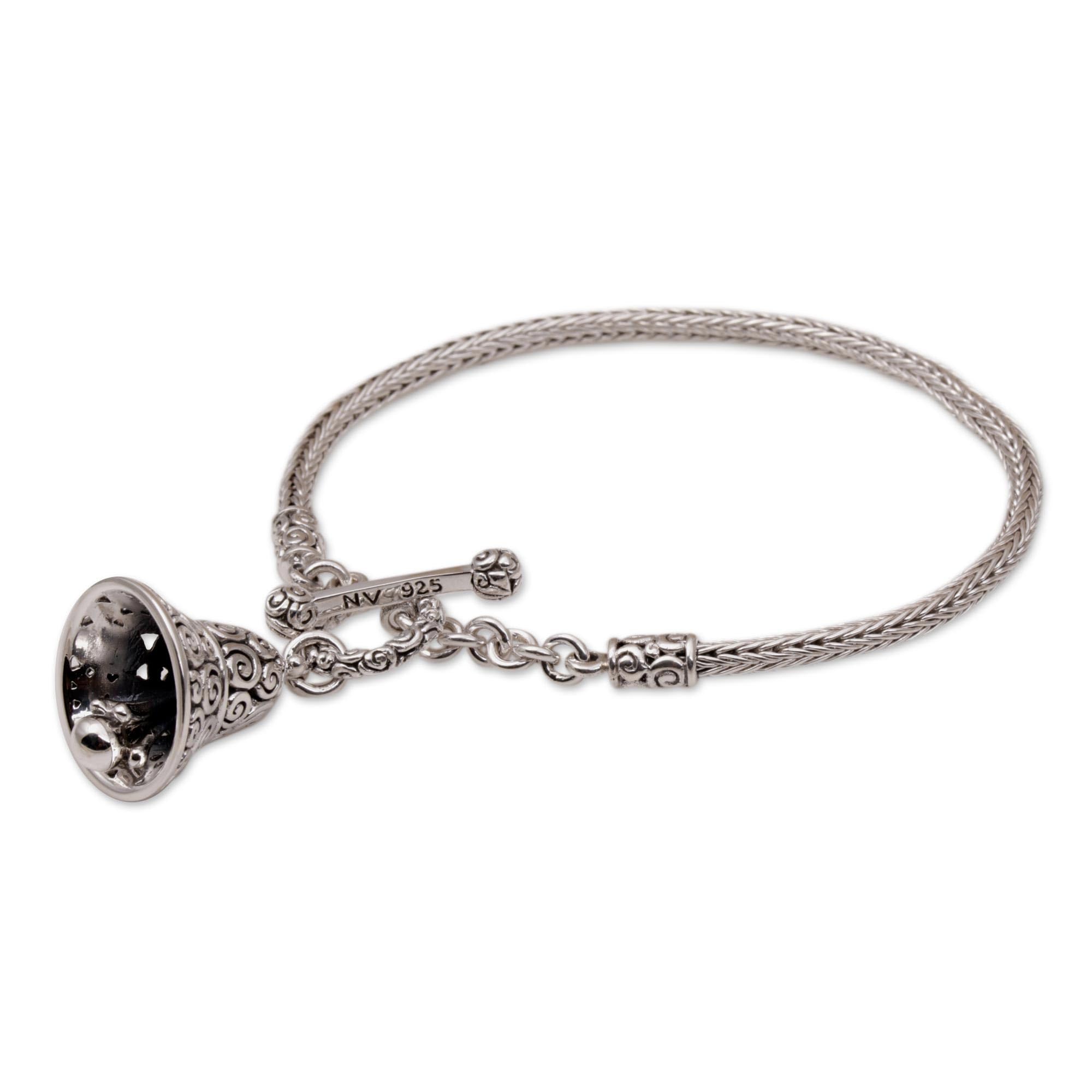 Handmade Sterling Silver Bell Charm Bracelet - Artisan Crafted in Indonesia - Adjustable 7.25