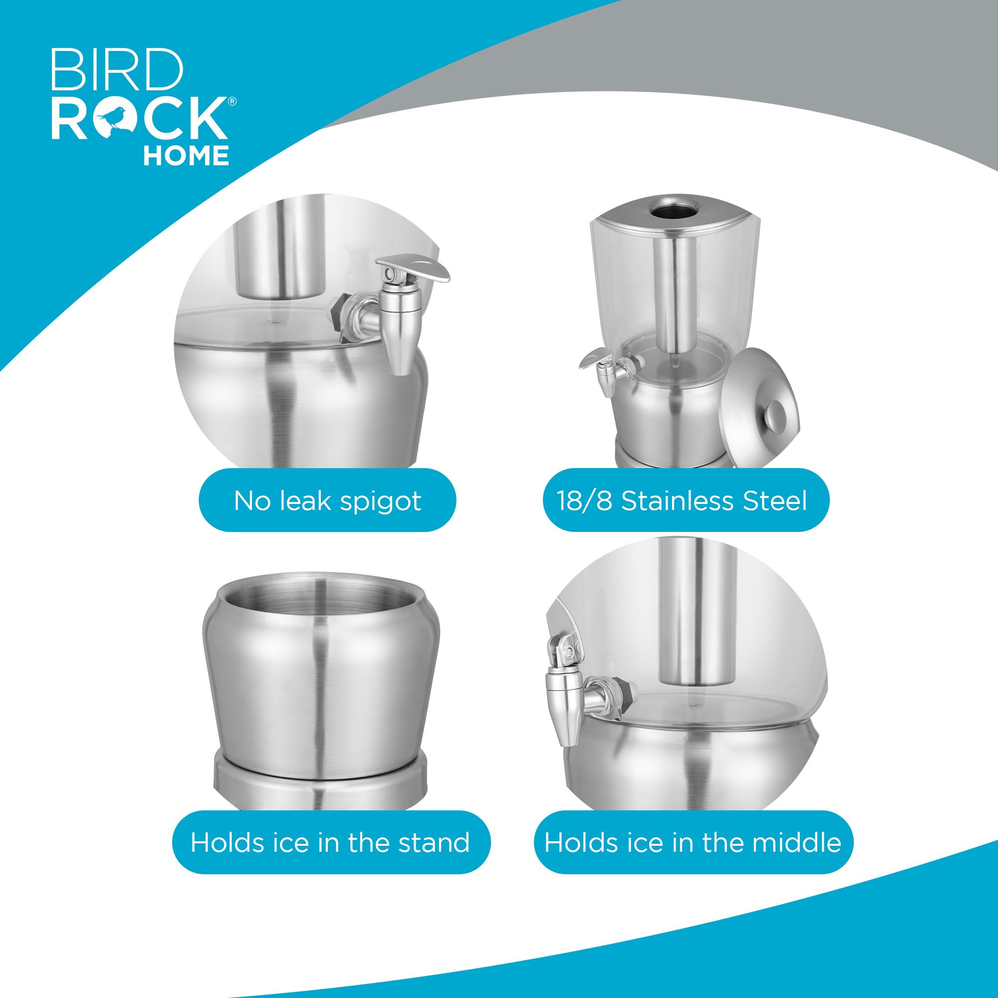 BirdRock Home 1.5 Gallon Stainless Steel Beverage Dispenser with Ice Core, Stand & Spigot - Round BPA-Free Clear Acrylic Drink Dispenser for Parties, BBQs, and Outdoor Events