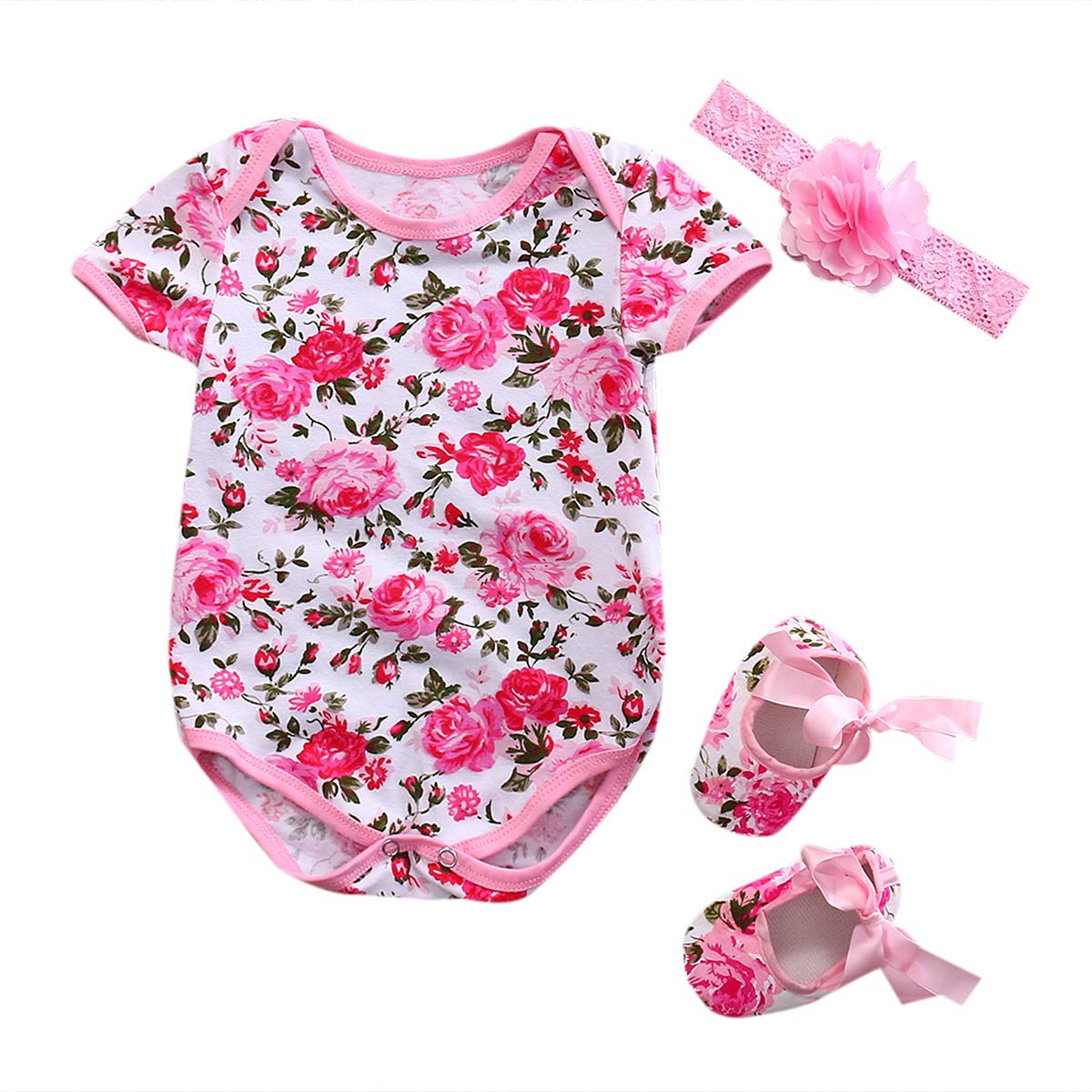 Newborn Baby Girl Floral & Leopard Print Romper Bodysuit Jumpsuit Set with Headband & Shoes - 3-Piece Summer Outfit for Photoshoots, Parties & Daily Wear