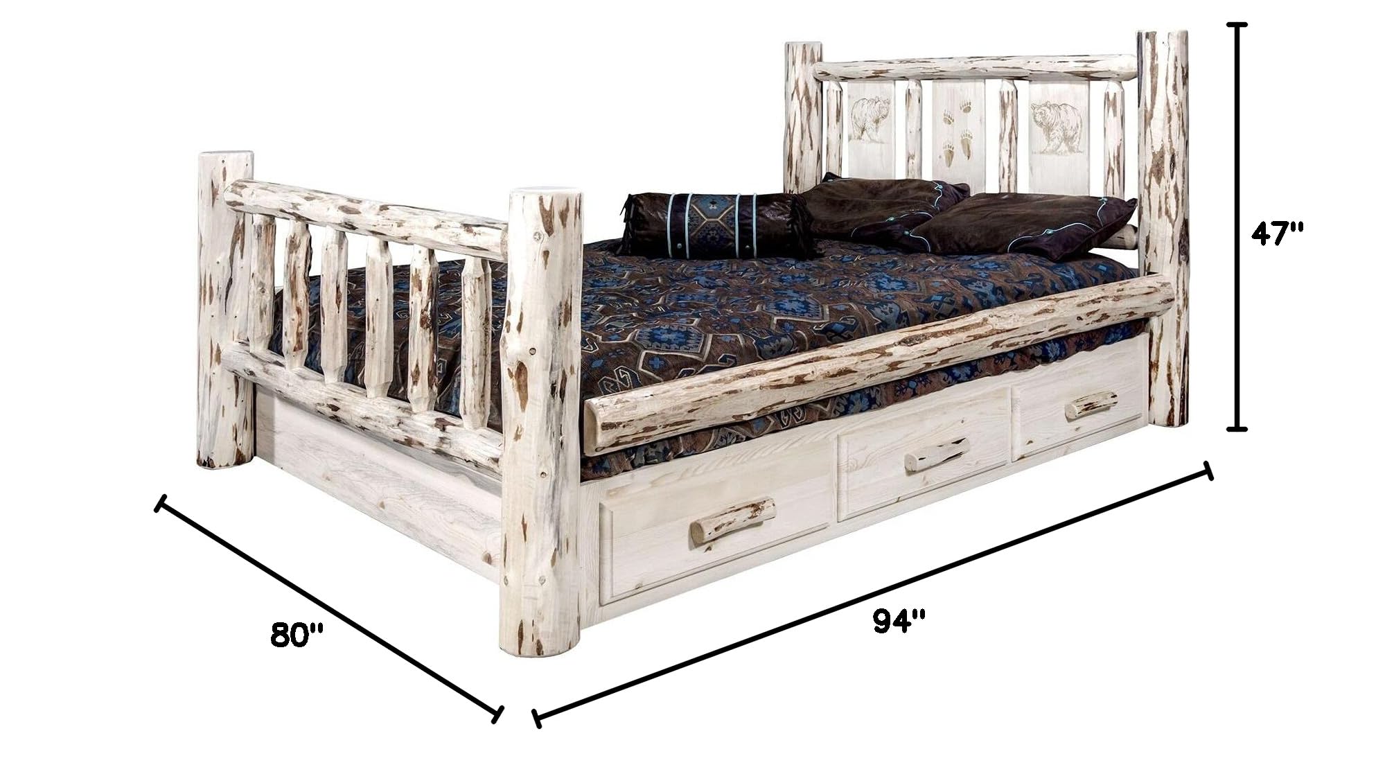 Montana Collection King Size Storage Bed with Laser Engraved Elk Design - Unfinished Solid Wood Platform Bed with Underbed Drawers for Bedroom Organization | Perfect for Rustic Cabins, Hunting Lodges & Western Style Homes