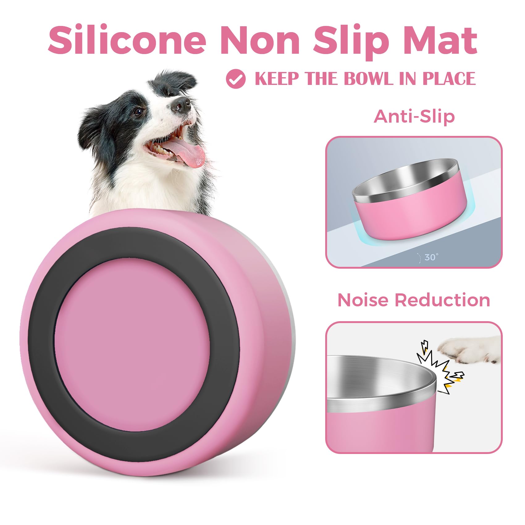 LIHONG Stainless Steel Dog Bowls - Non-Slip, Insulated Pet Food & Water Bowl for Small & Medium Dogs - Rustproof, 40oz, Pink - Perfect for Indoor/Outdoor Feeding & Travel Use