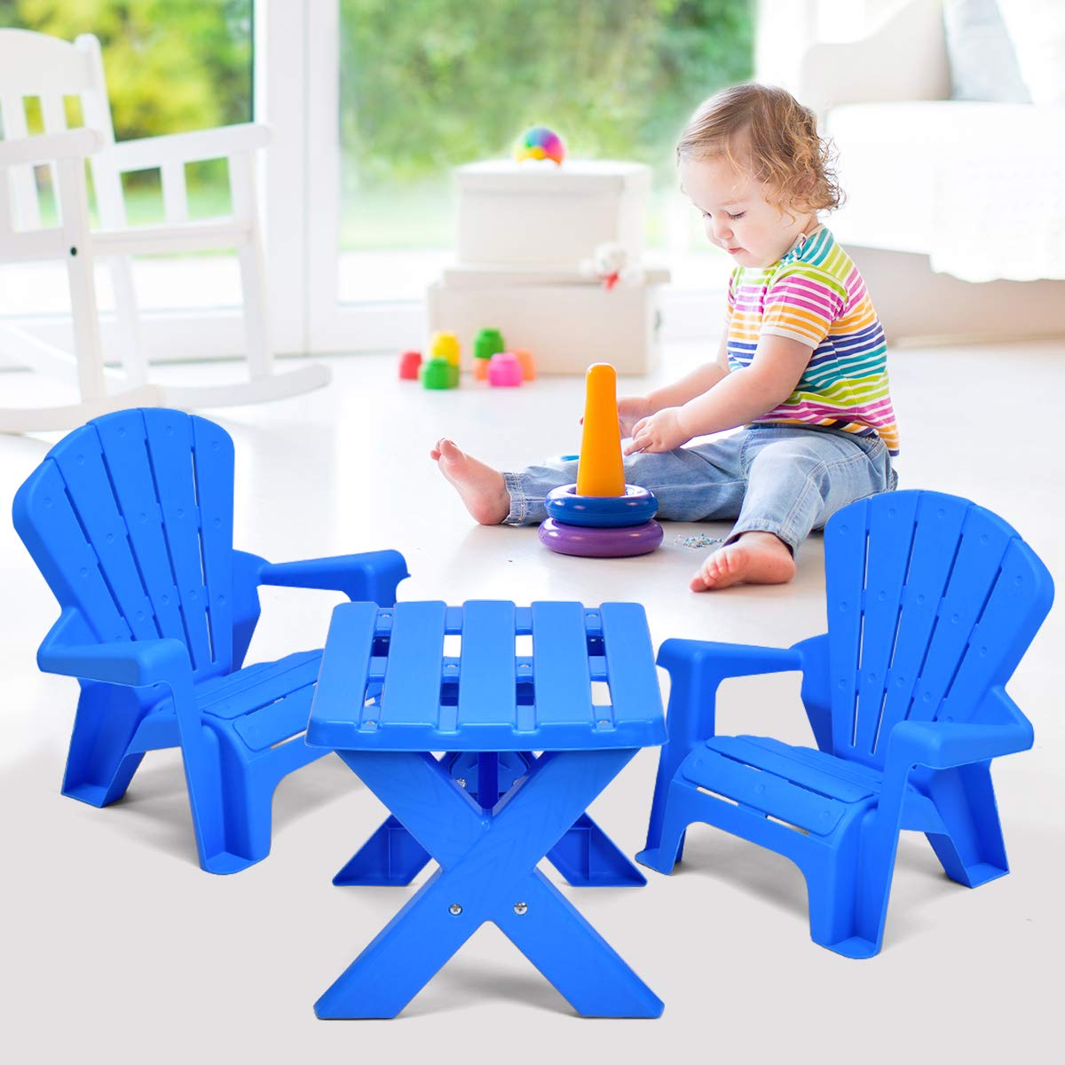 Costzon Kids Table and Chair Set - Toddler Activity Table with 2 Adirondack Chairs for Outdoor Play, Picnic, Garden & Beach (Blue) | Perfect for Backyard, Patio, Preschool & Daycare Activities