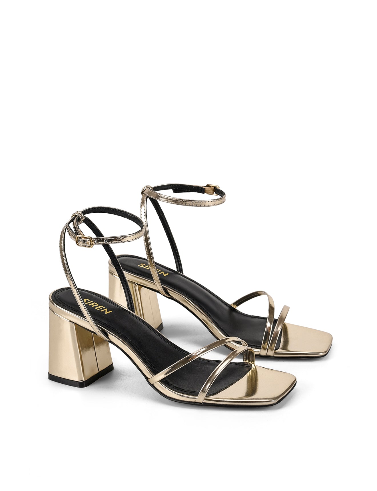 Starling Strappy Block Heels - Gold Mirror Metallic Leather Sandals for Women | Comfortable Wedding Party Shoes for Bridesmaid, Prom & Evening Events