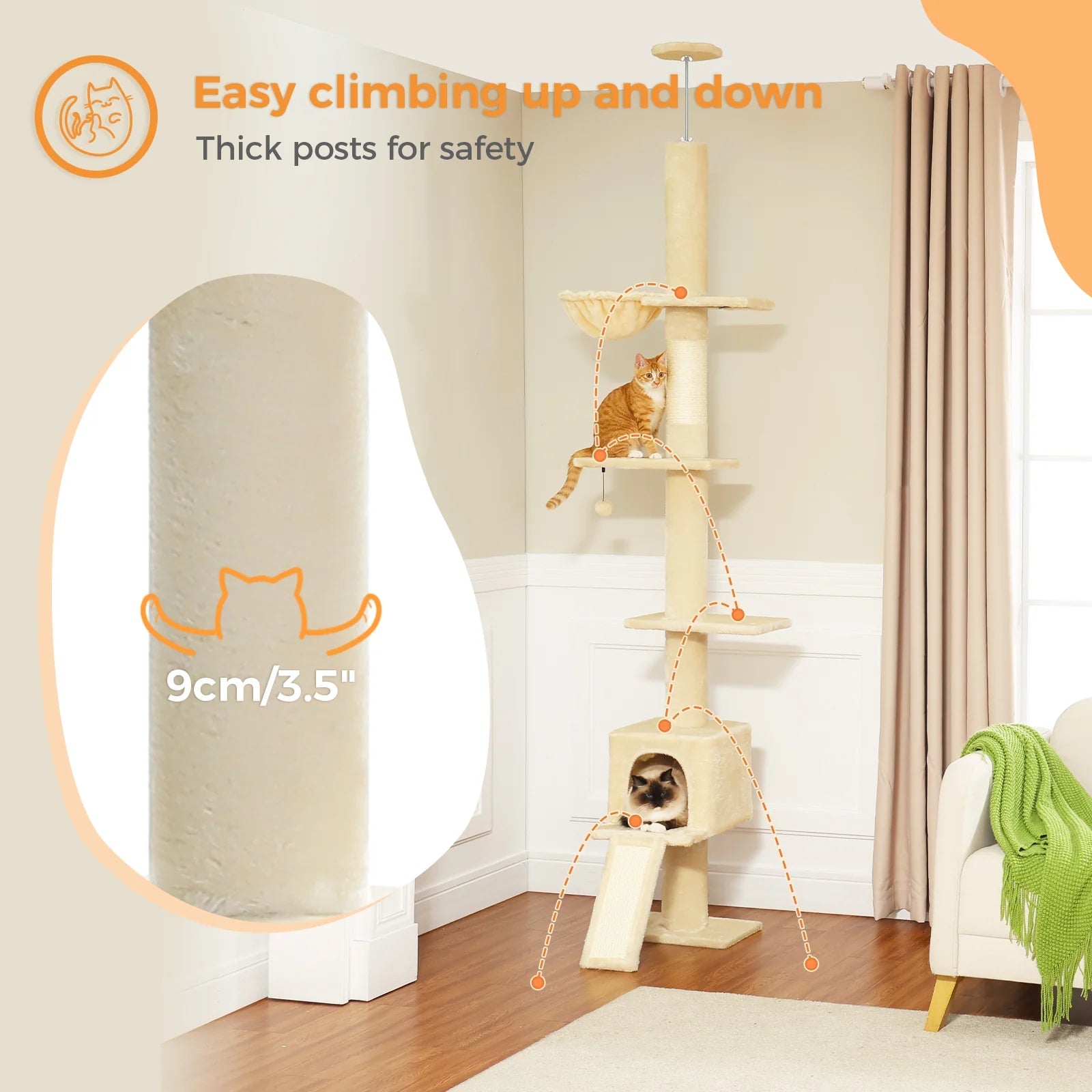 Premium Cat Scratcher & Condo Bed - Ceiling High Cat Tree with Scratching Posts & Cozy Perch, Beige | Perfect for Indoor Cats, Small Spaces & Multi-Cat Homes