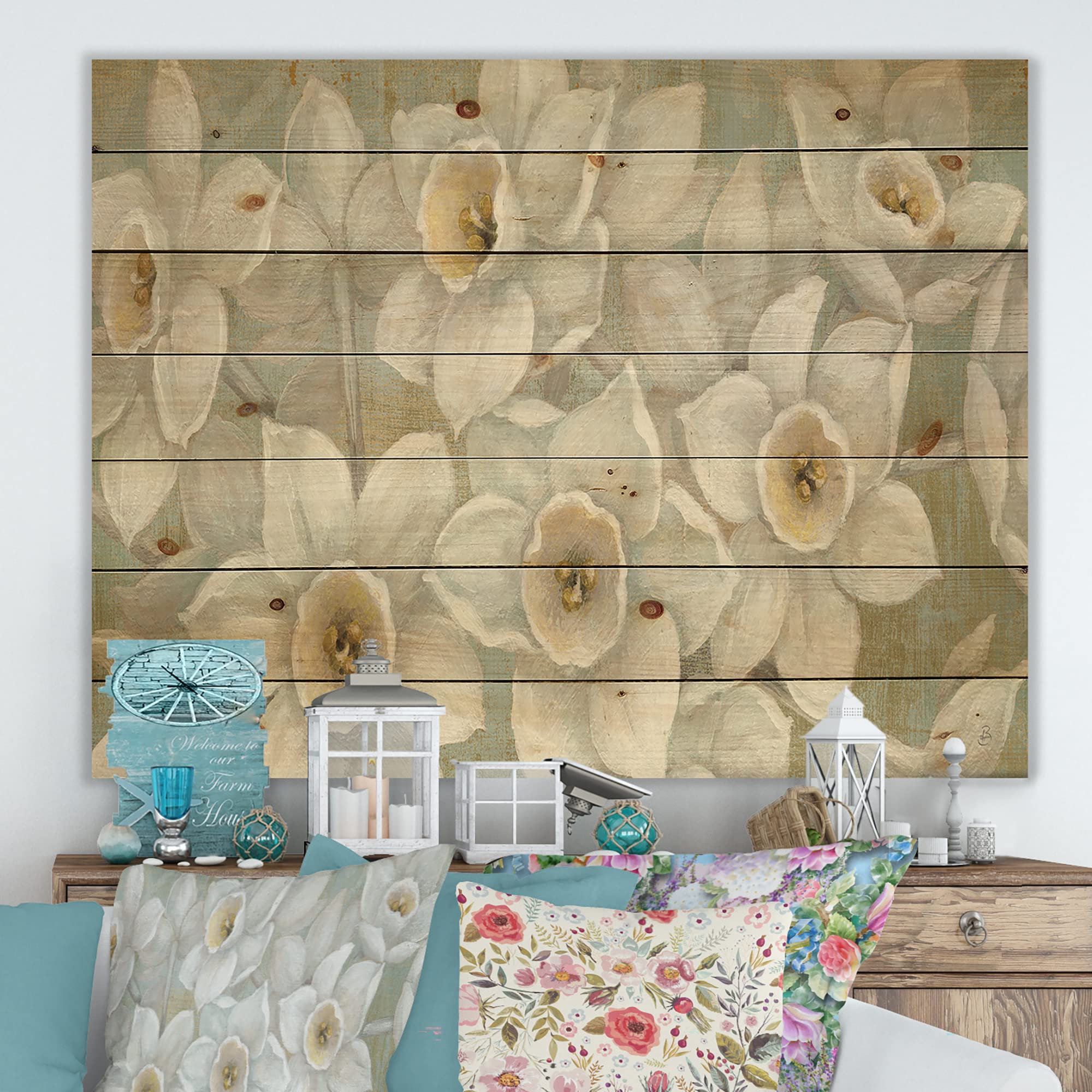 DesignQ Pure Pastel White Flowers Traditional Wood Wall Decor - Yellow Floral Wood Wall Art - Large Pine Wood Wall Panels with Hand-Painted Floral Design - Perfect for Living Room, Bedroom & Office Decoration