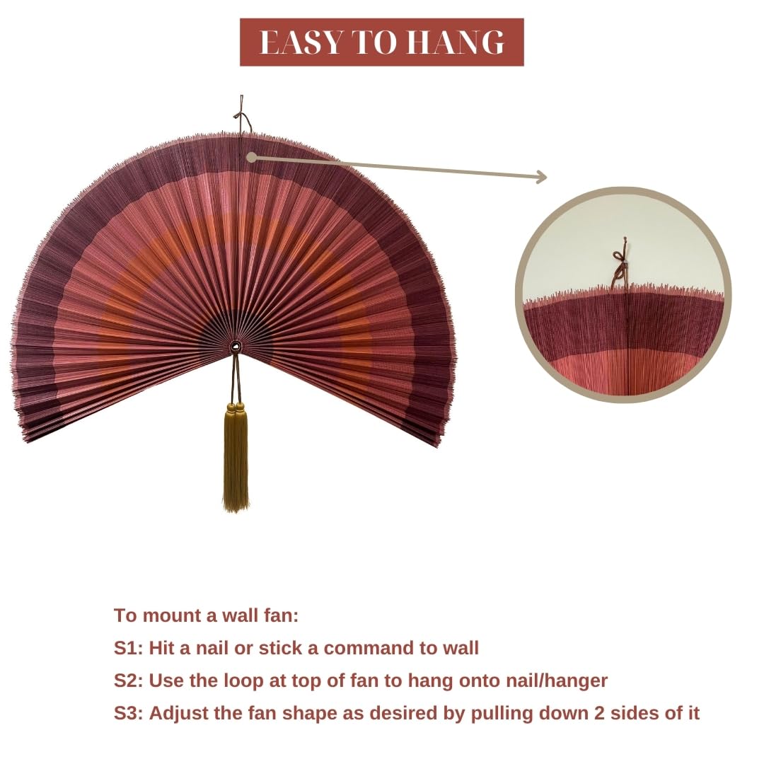 Large Japanese Bamboo Fan Wall Decor - 60 Inch Boho Hanging Headboard Art, Decorative Folding Fan for Over Bed Decor, Terracotta Wall Art for Living Room, Bedroom & Zen Home Decor