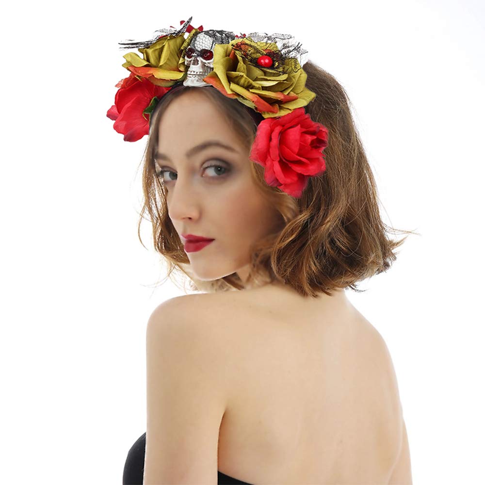 Lifreer Halloween Headband Set - Gothic Skull Flower Crown & Face Jewels Stickers for Women's Costume Accessories | Perfect for Halloween Parties, Cosplay & Gothic Fashion