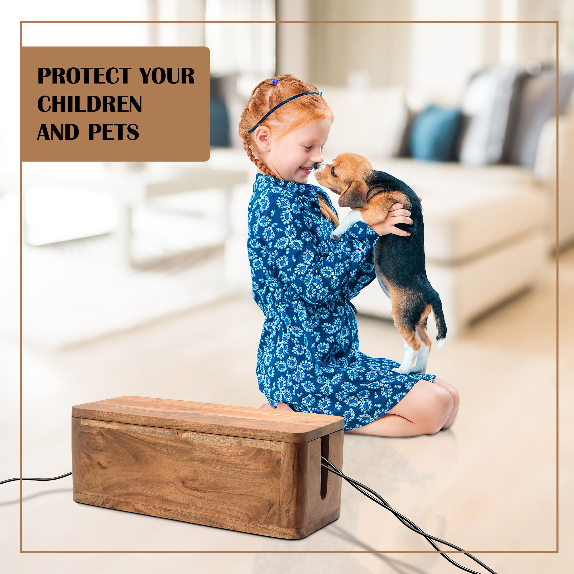 Premium Acacia Wood Cable Management Box - Organize & Hide Desk & Floor Cords - Power Strip Storage Solution for Home & Office Wire Organization - Perfect for Home Office, Living Room & Entertainment Center Setup