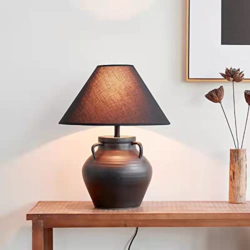 Vintage Cement Table Lamp with Linen Shade - Chinese Retro Style Bedside Lamp for Bedroom, Living Room & Office Decor - Black Art Temple Design Decorative Lighting