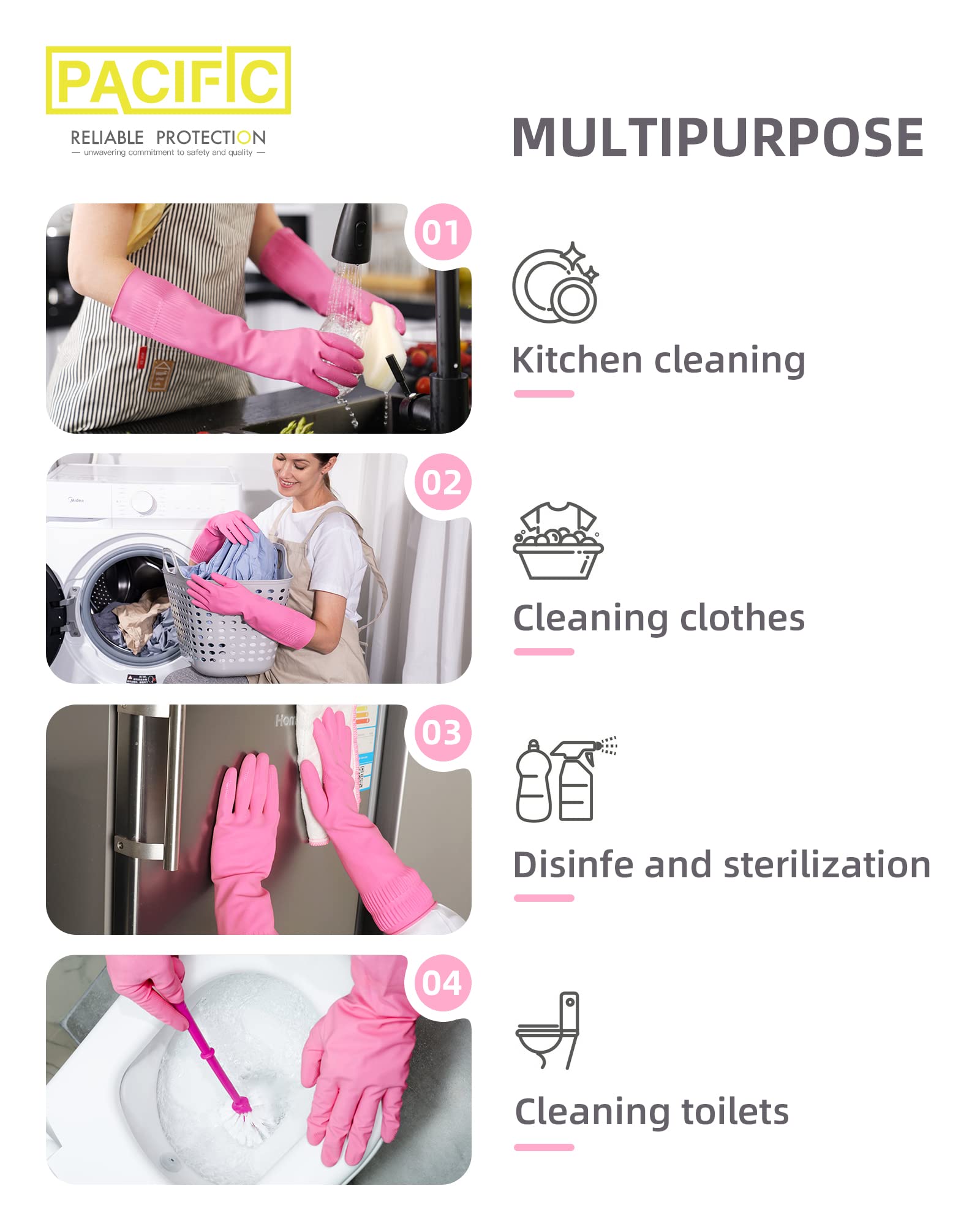**PACIFIC 2 Pairs Reusable Rubber Gloves for Dishwashing & Cleaning - Waterproof Kitchen & Bathroom Gloves with Grip - Latex Dishwashing Gloves, Pink, Small - Perfect for Washing Dishes, Scrubbing, and Household Chores**
