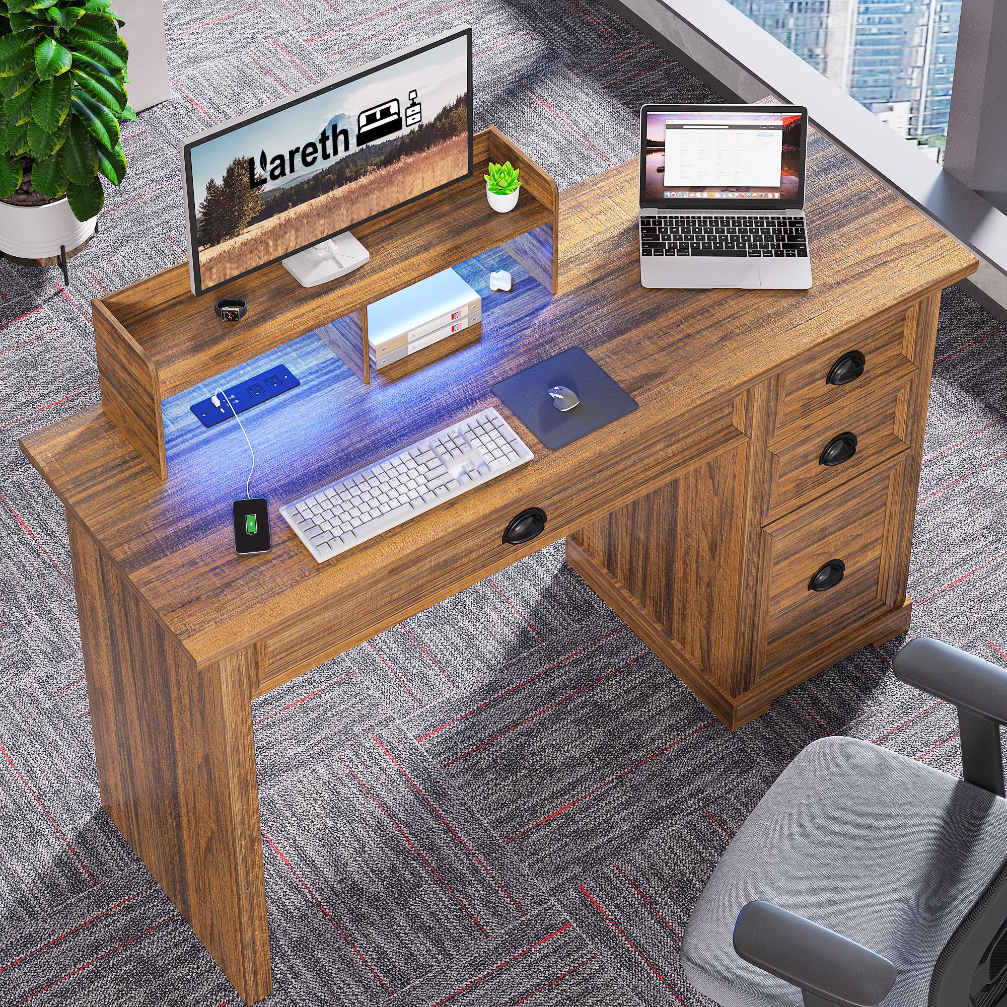 Farmhouse Computer Desk with Monitor Stand - 47 Inch Home Office Desk with LED Lights & Power Outlets, Writing Desk with Storage File Drawer for Working, Gaming & Study - Walnut Finish - Perfect for Home Office, Gaming Setup & Remote Work