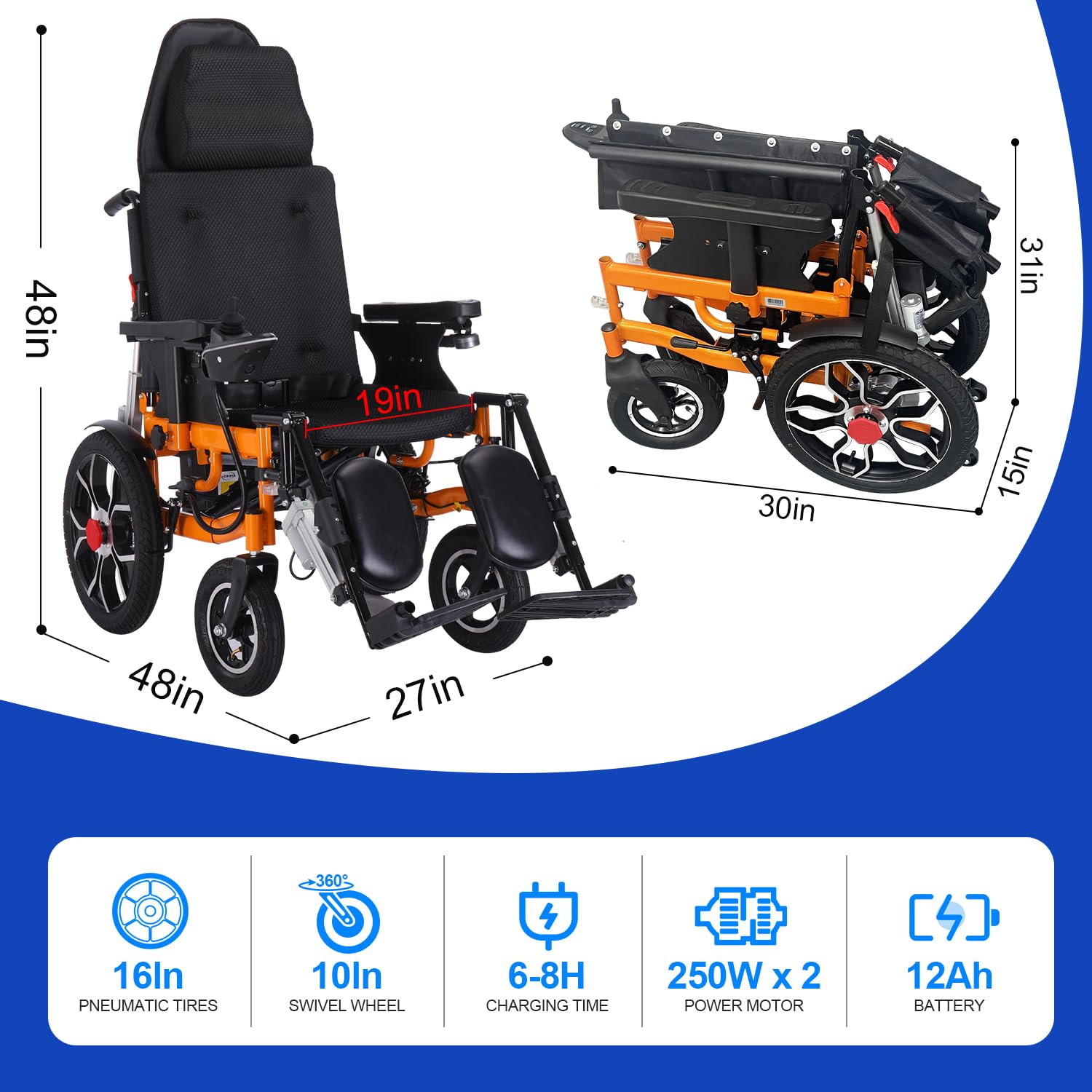 Electric Reclining Wheelchair for Adults - Foldable, Lightweight Power Wheelchair with Remote Control, 20 Miles Long Range Battery & Adjustable Headrest - Ideal for Seniors, Indoor/Outdoor Mobility & Travel Use