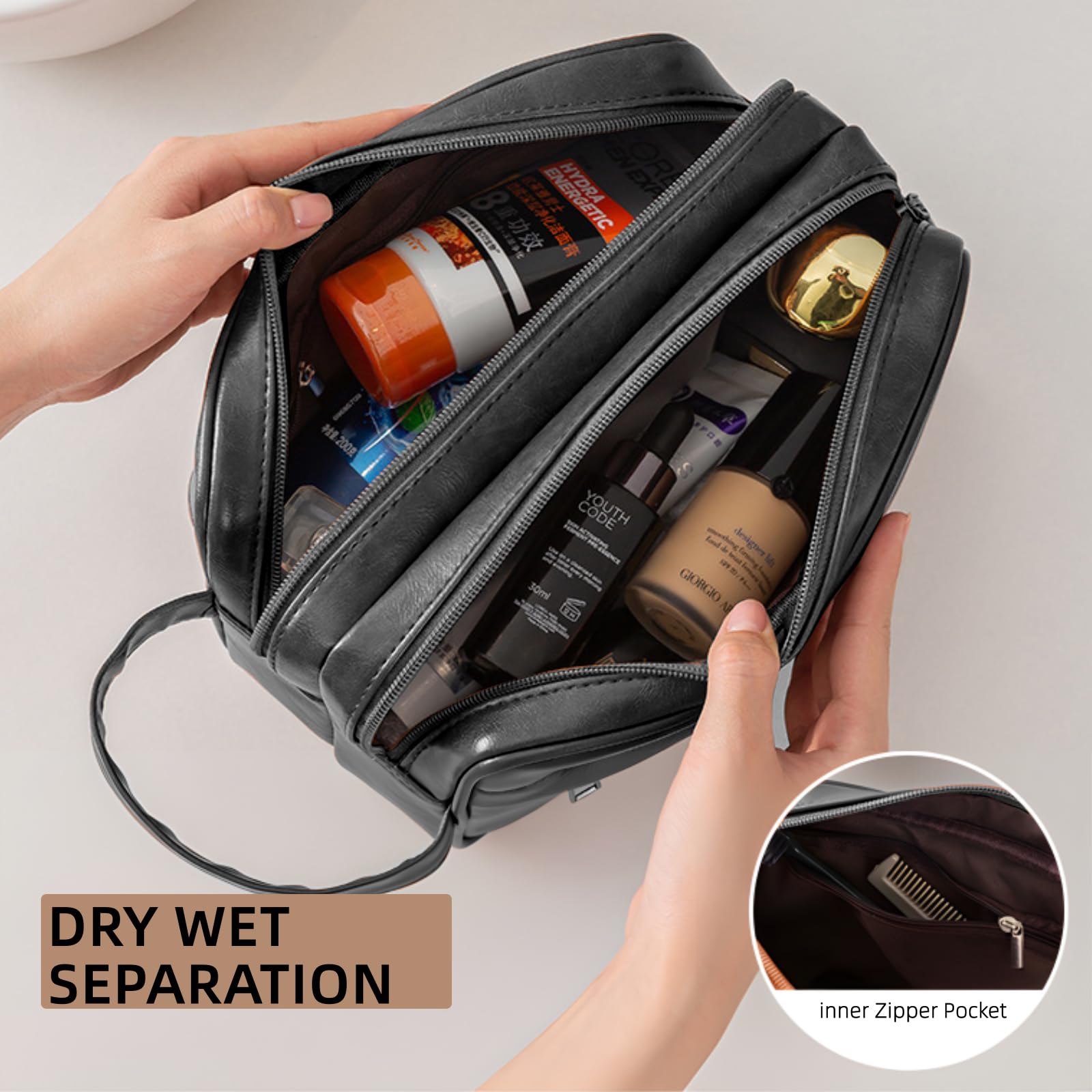 Premium PU Leather Toiletry Bag for Men - Large Water-Resistant Travel Organizer with Portable Handle - Perfect for Shaving Kits, Cosmetic Storage & Door Room Essentials (Black) - Ideal for Business Trips, Gym Visits & Weekend Getaways
