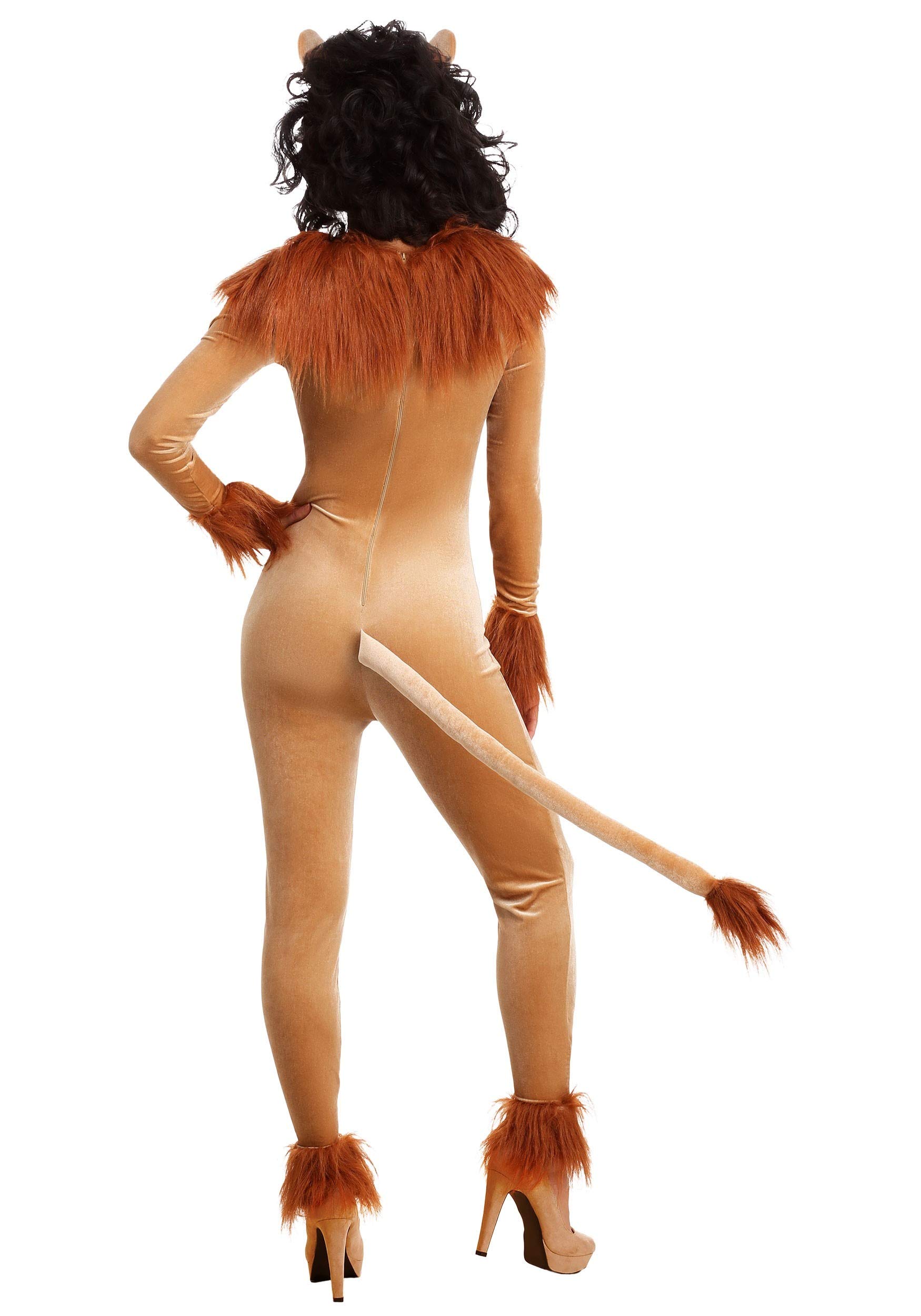 Fierce Lion Women's Costume Jumpsuit - Faux Fur Collar & Cuffs with Headband & Tail - Perfect for Halloween, Cosplay, and Themed Parties
