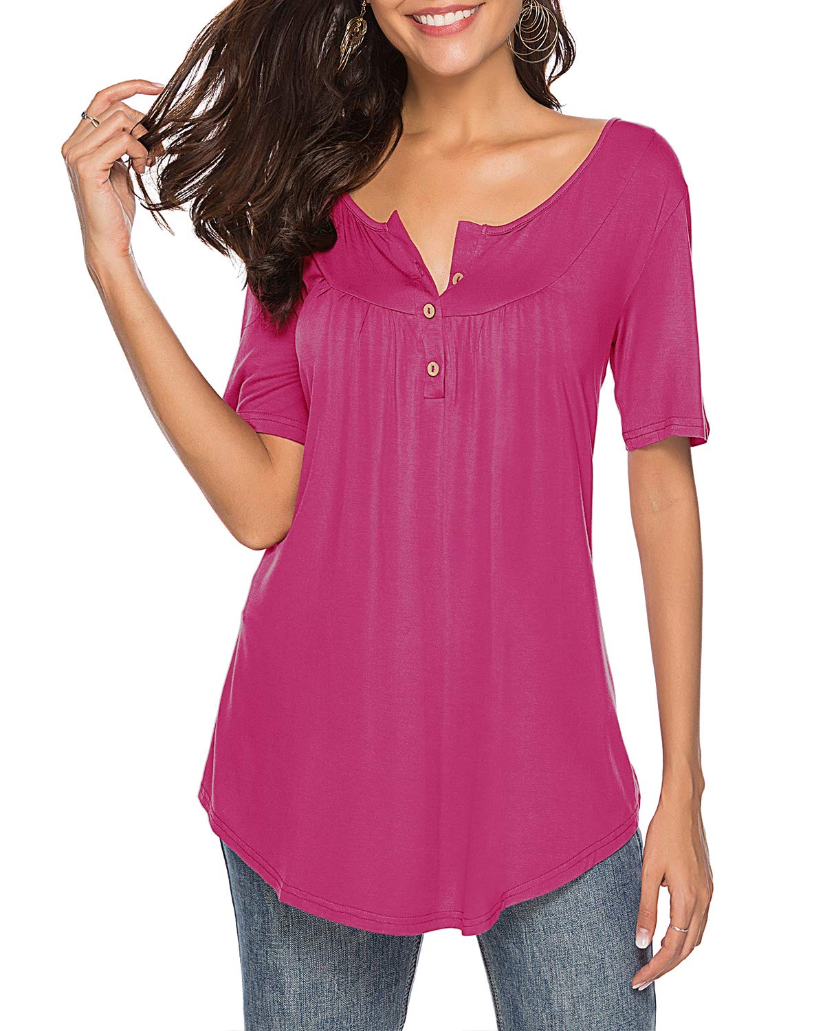 Women's Casual V-Neck Short Sleeve Button-Up Blouse - Loose Fit Tunic Top for Everyday Wear, Office & Outings