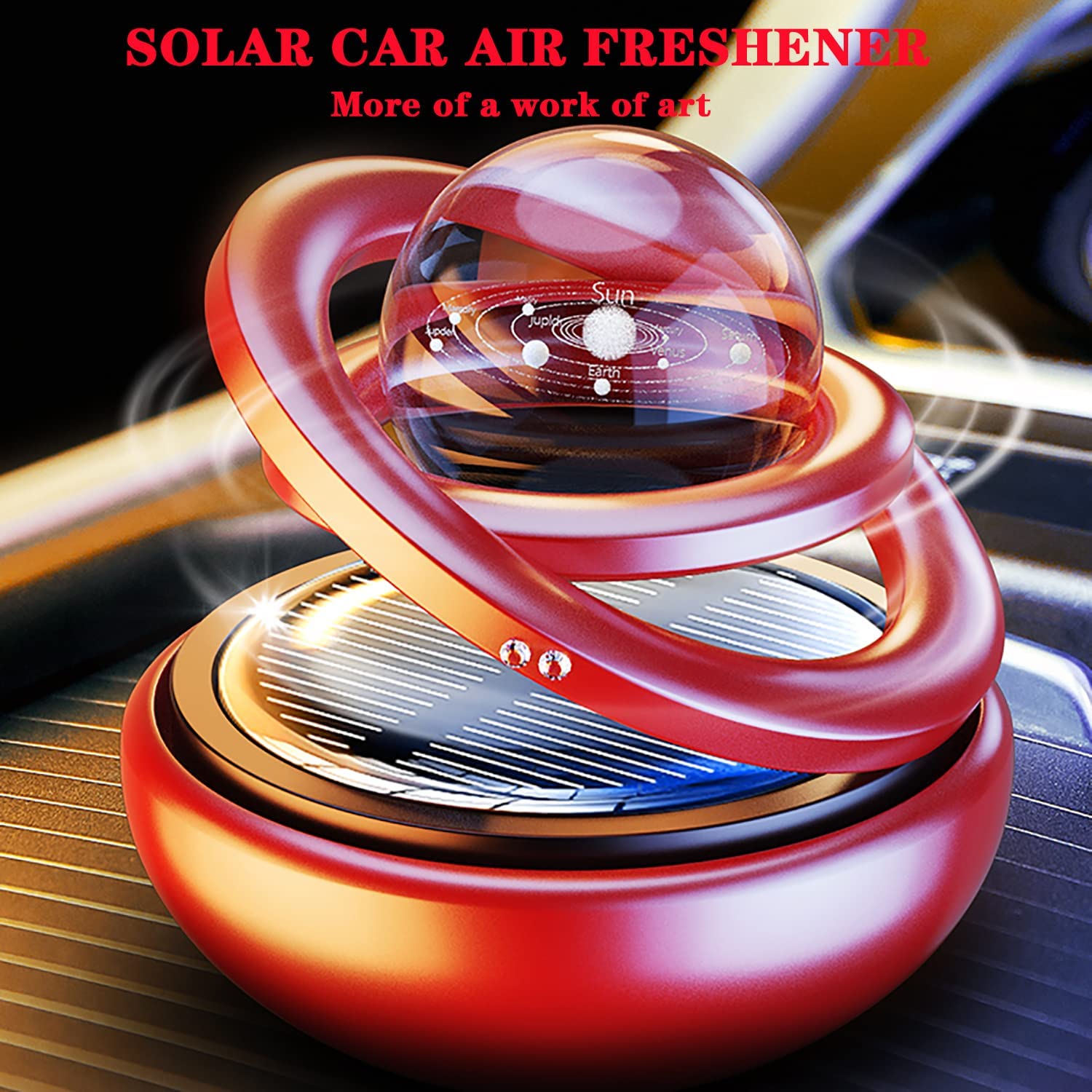 Solar Powered Car Air Freshener - Auto-Rotating Air Purifier for Car Interior, Red | Eliminate Odors & Freshen Air While Driving