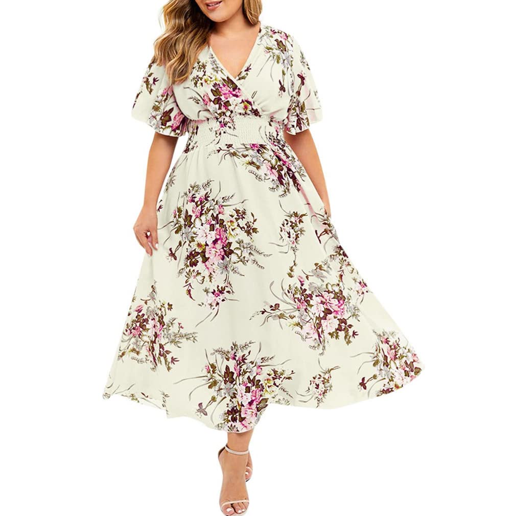 Plus Size Floral Print V-Neck Short Sleeve Dress for Women - Casual Loose Fit Oversized Flowy Summer Dress for Beach, Vacation & Everyday Wear