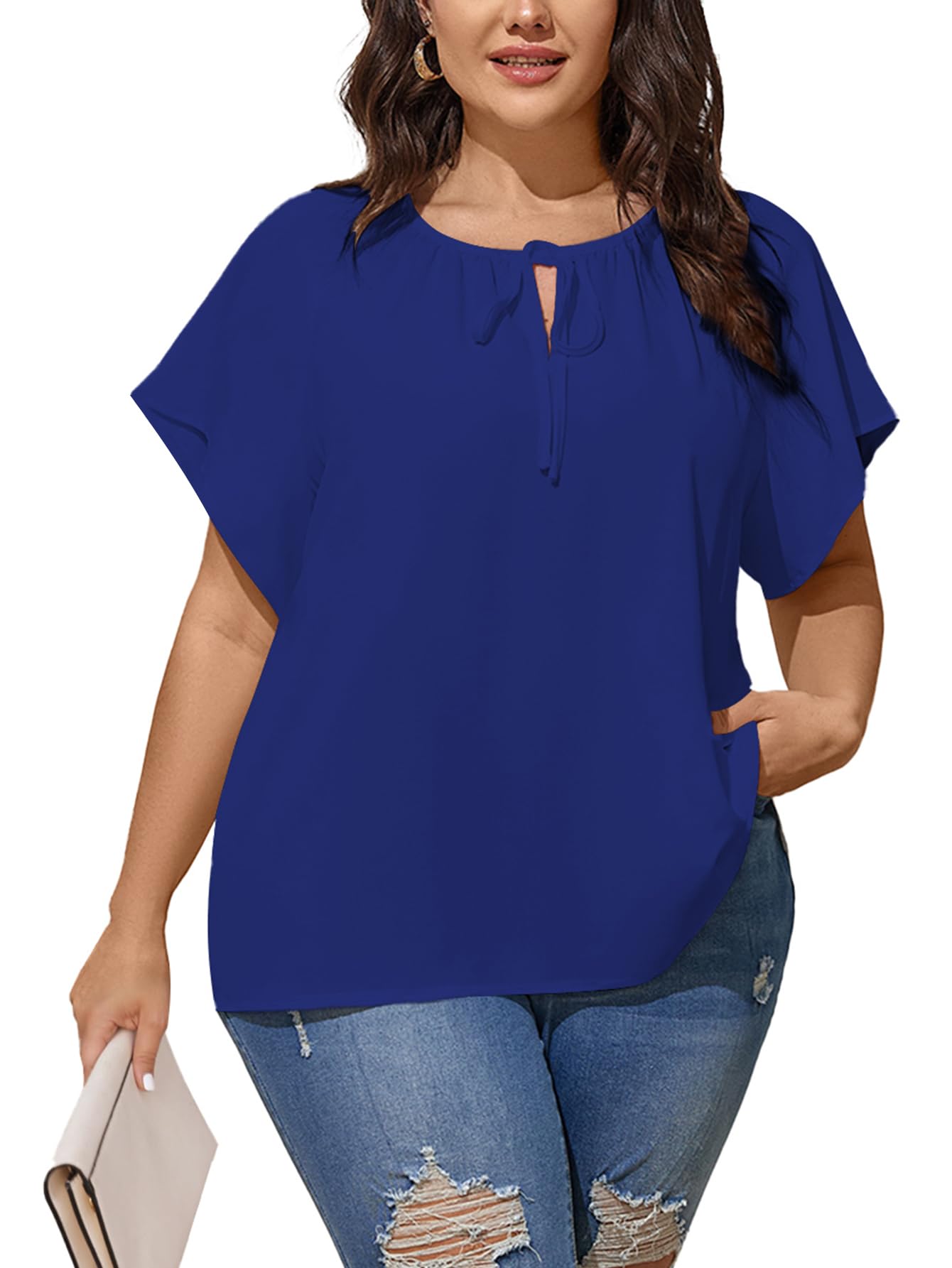 Plus Size V Neck Short Sleeve Blouses for Women - Loose Flowy Summer Tops with Drawstring - Casual Comfort Shirts for Work, Vacation & Everyday Wear