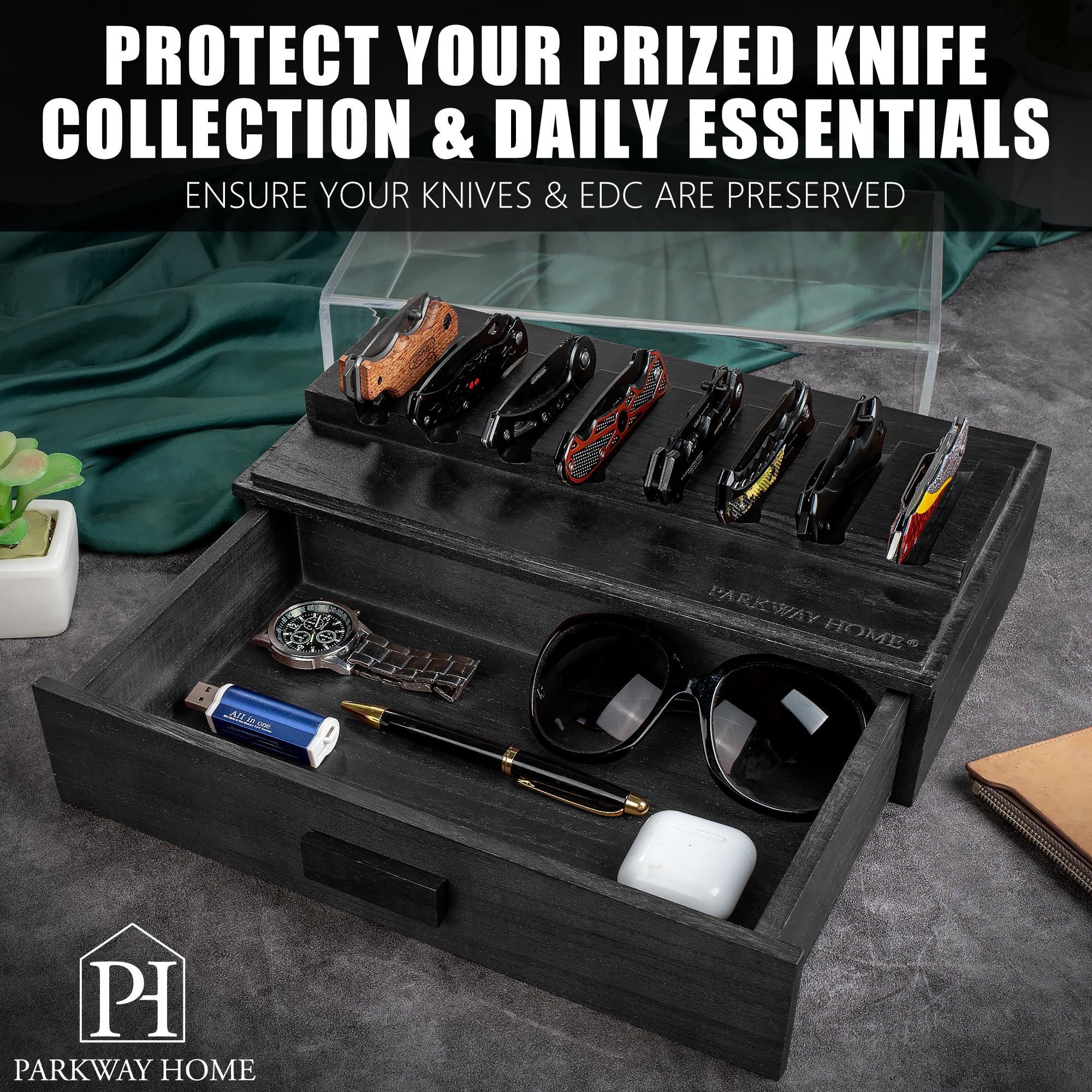 Premium Black Wooden Pocket Knife Display Case - Clear Sturdy Cover Holds 16 Knives - 2-Tier Collector's Case with Removable Drawer for EDC Gear - Perfect for Home Display, Gift Giving & Knife Enthusiast Collections