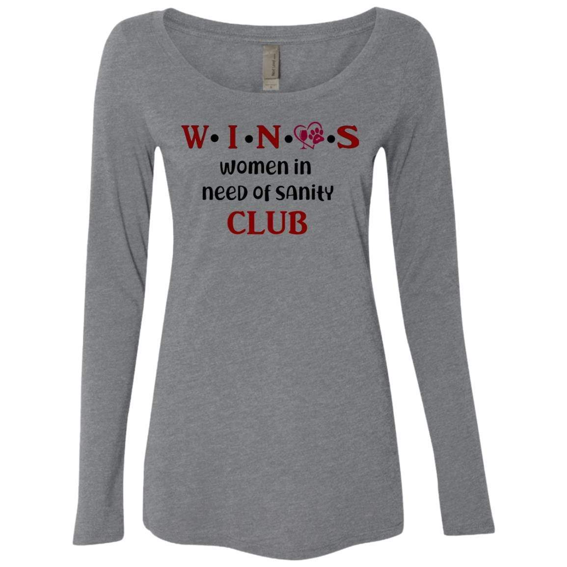 WineyBitches.Co WINOS Club Women's Tri-Blend Long Sleeve Scoop Neck T-Shirt with Burgundy Lettering - Perfect for Wine Tasting, Girls' Night Out & Casual Wear
